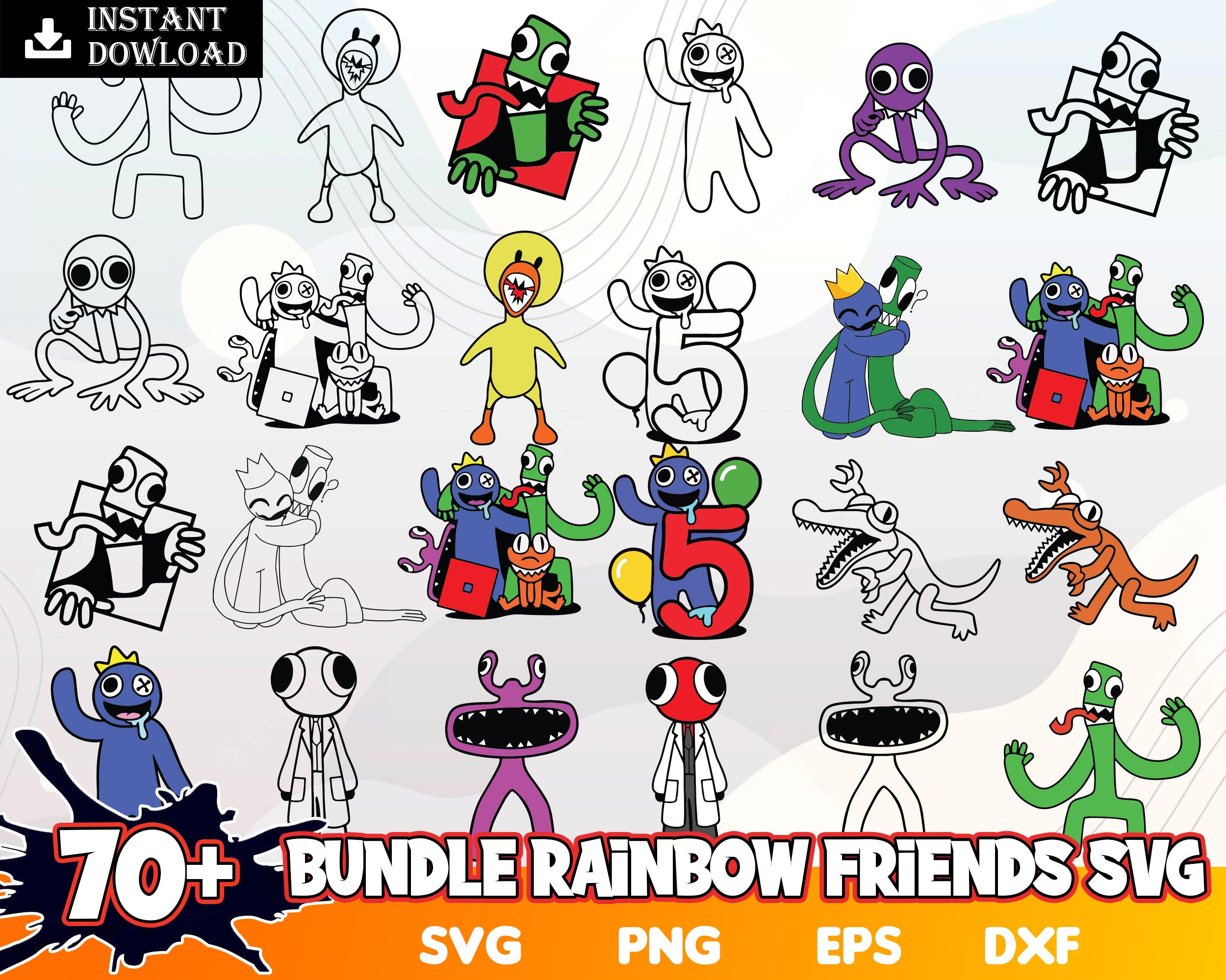70 Rainbow friends SVG, Rainbow friends PNG, Sublimation, Transfer, Di