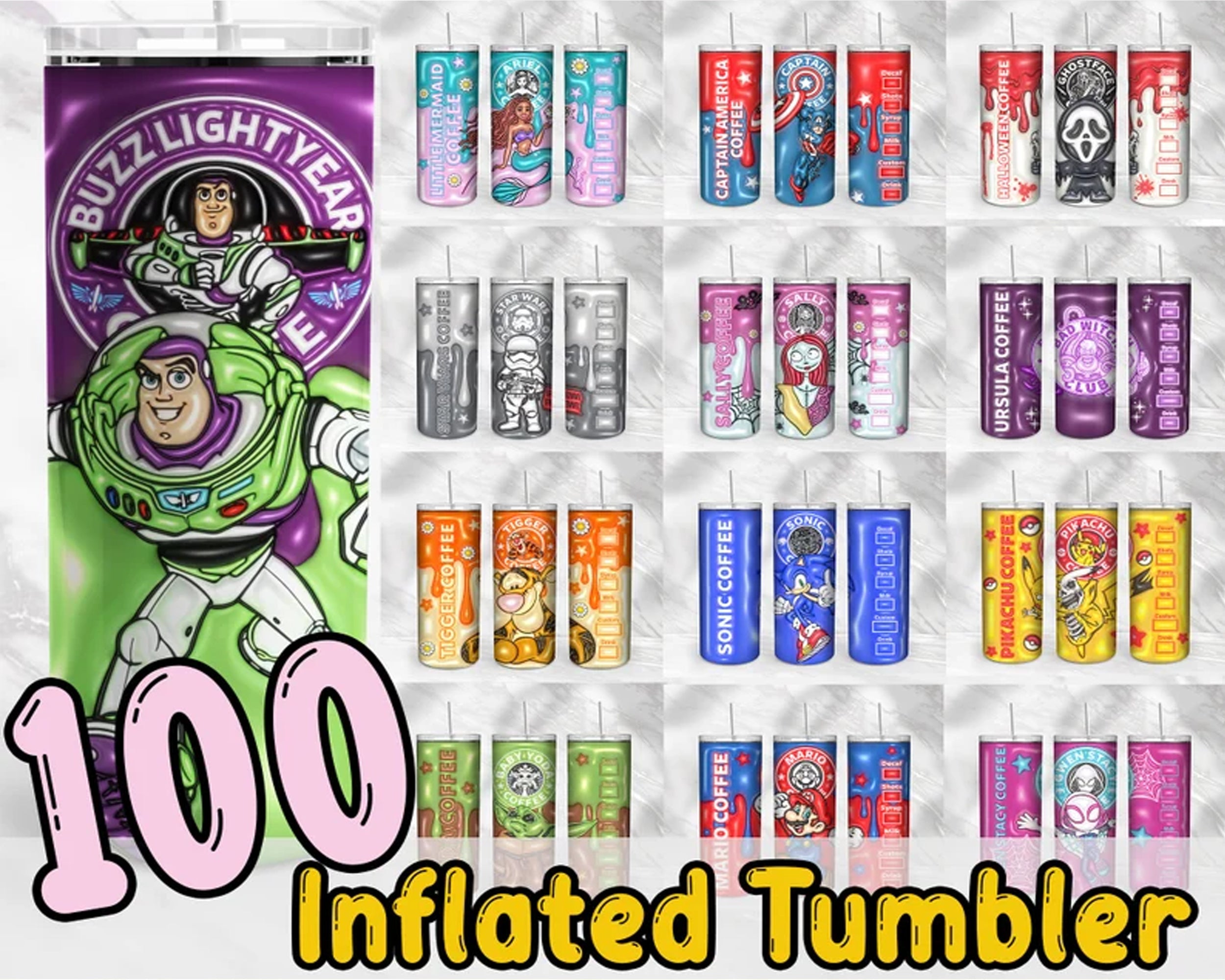 100+ Designs cartoon Inflated for 20oz Skinny Tumbler - Instant download