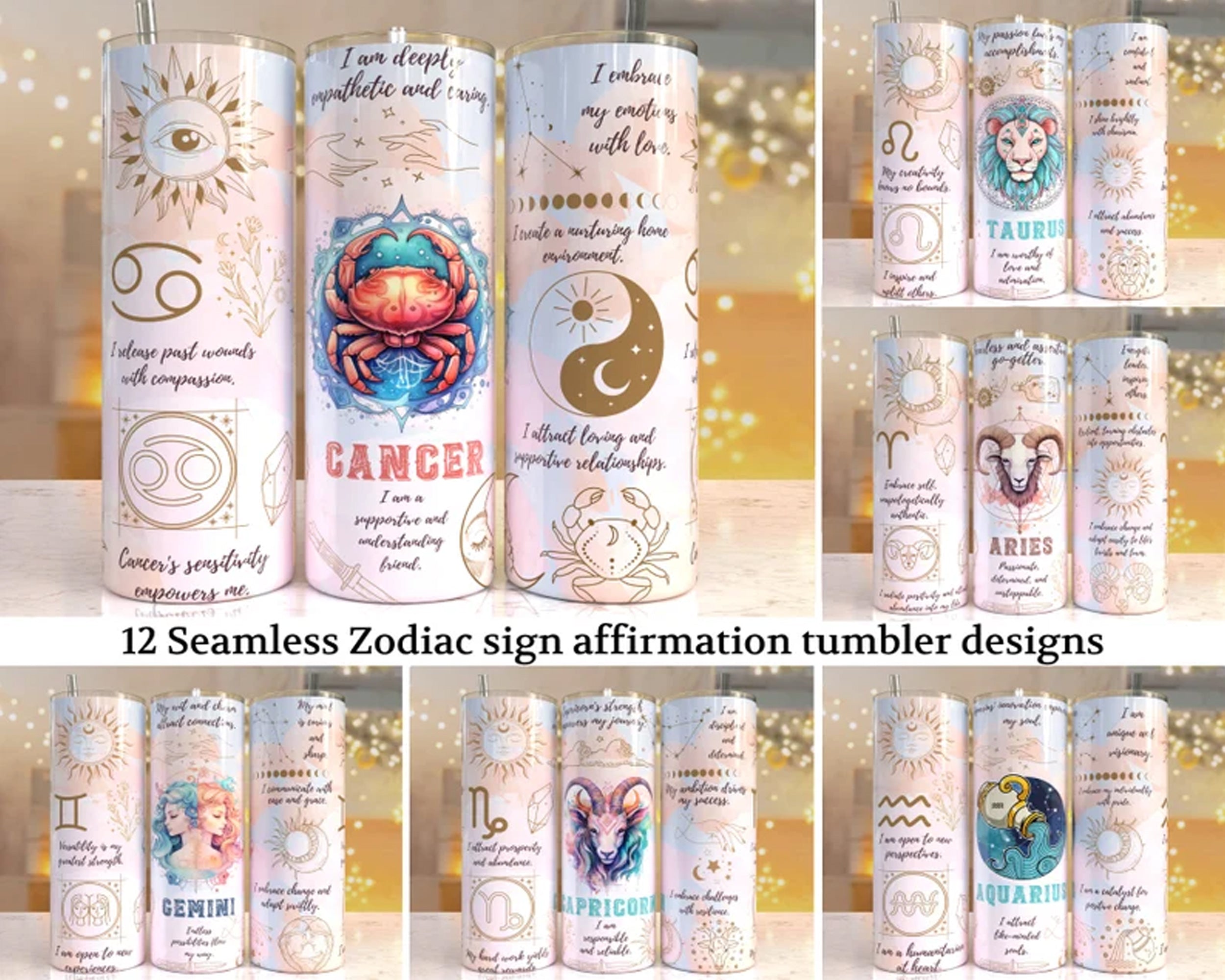 12 Zodiac Sign Affirmation 20 oz Skinny Tumbler Sublimation Designs bundle