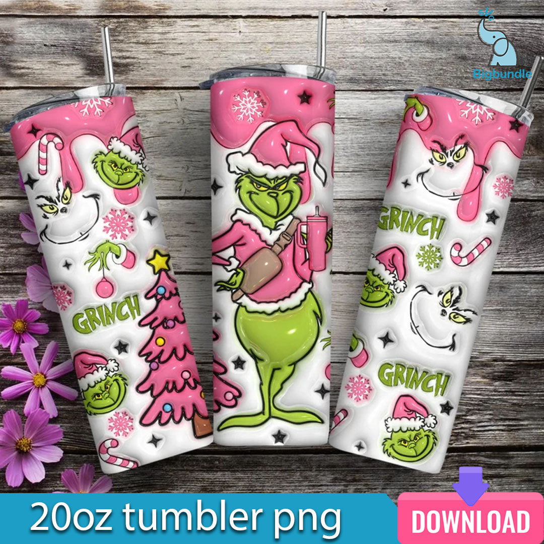 3D Inflated Pink Grinch Christmas 20 Oz Skinny Tumbler PNG