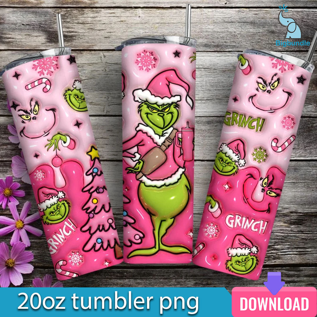 3D Inflated Pink Grinchmas 20 Oz Skinny Tumbler Png