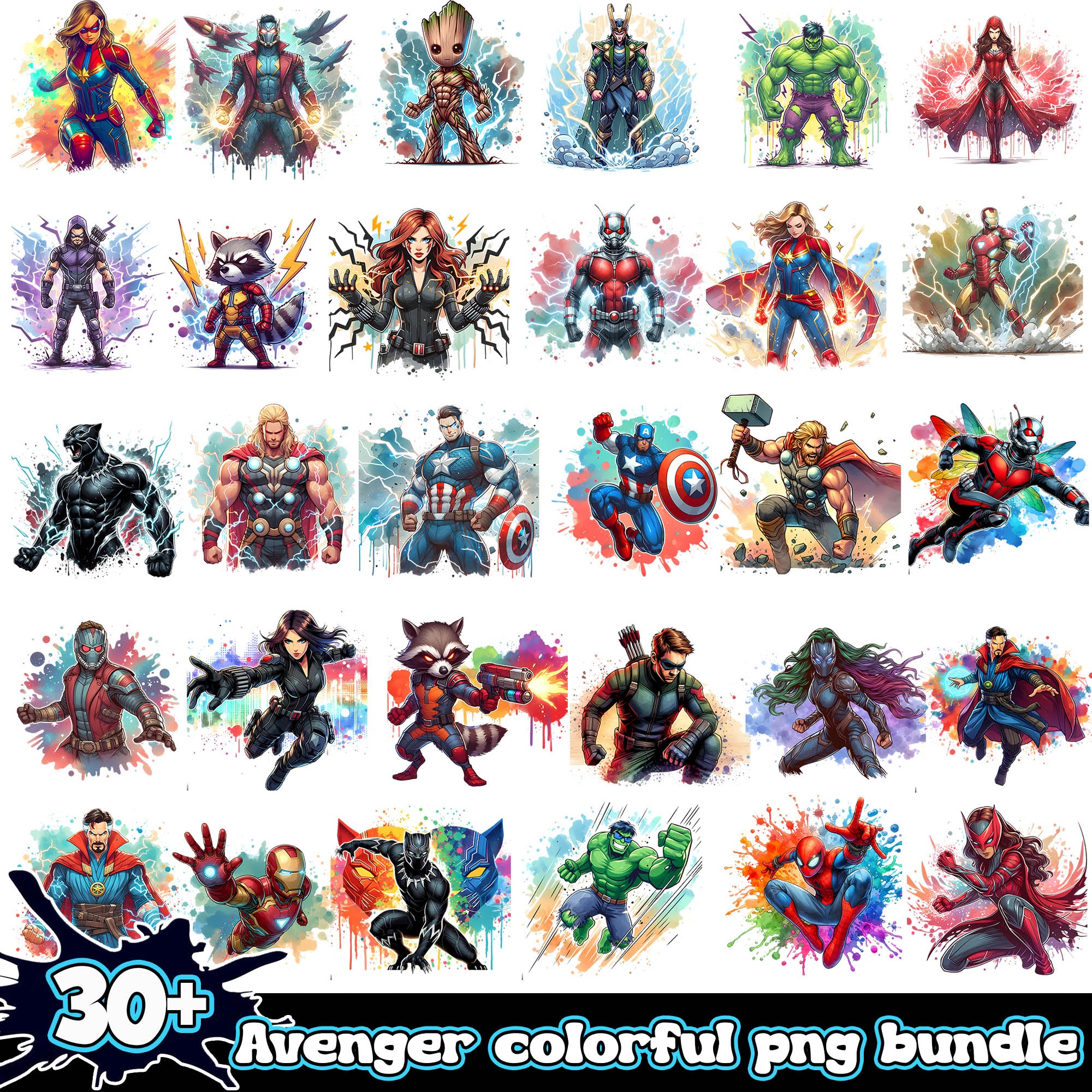 Avenger colorful watercolor png bundle