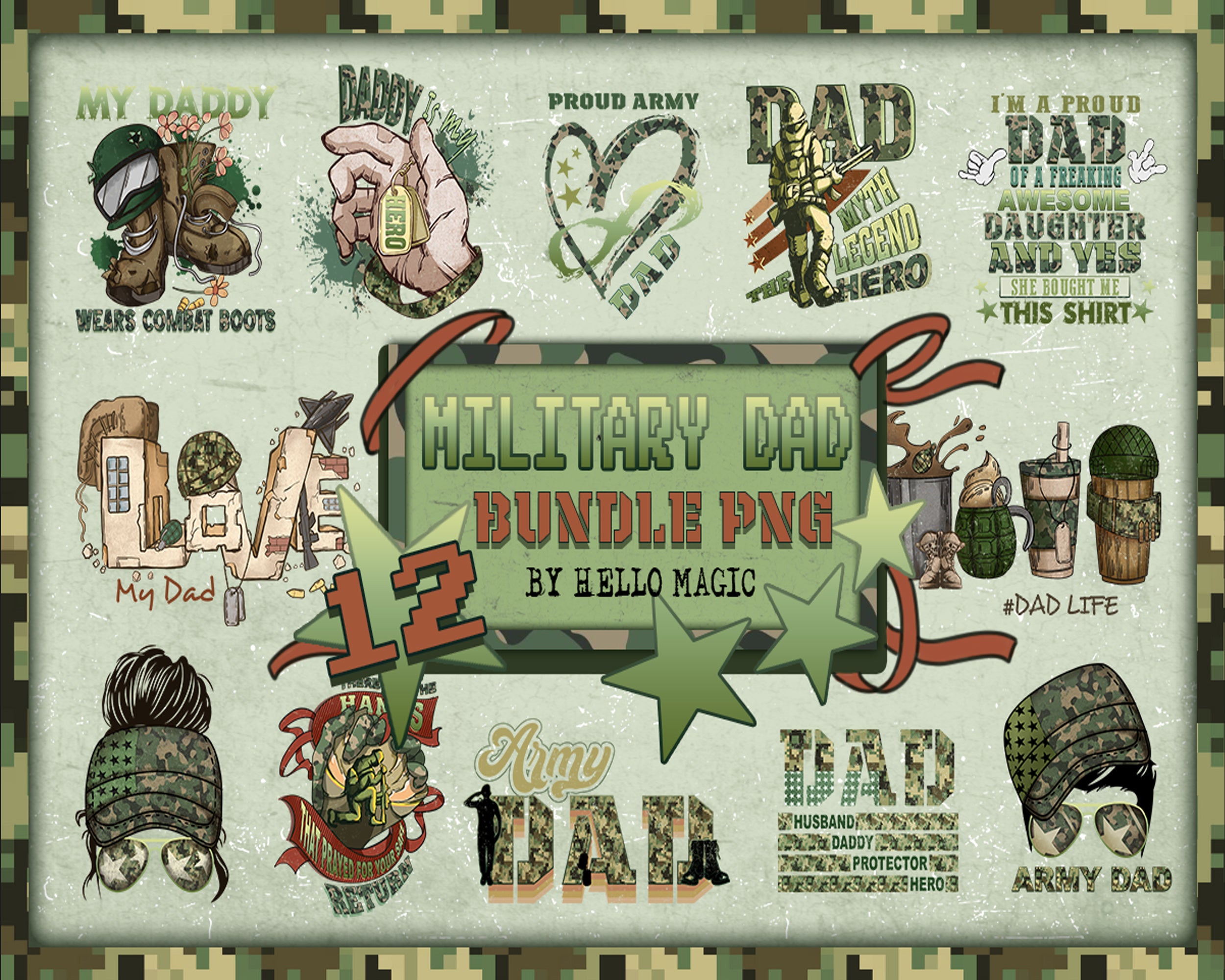 12 Military Dad Bundle PNG, Army Dad Png Bundle, Fathers Day Png - Instant download