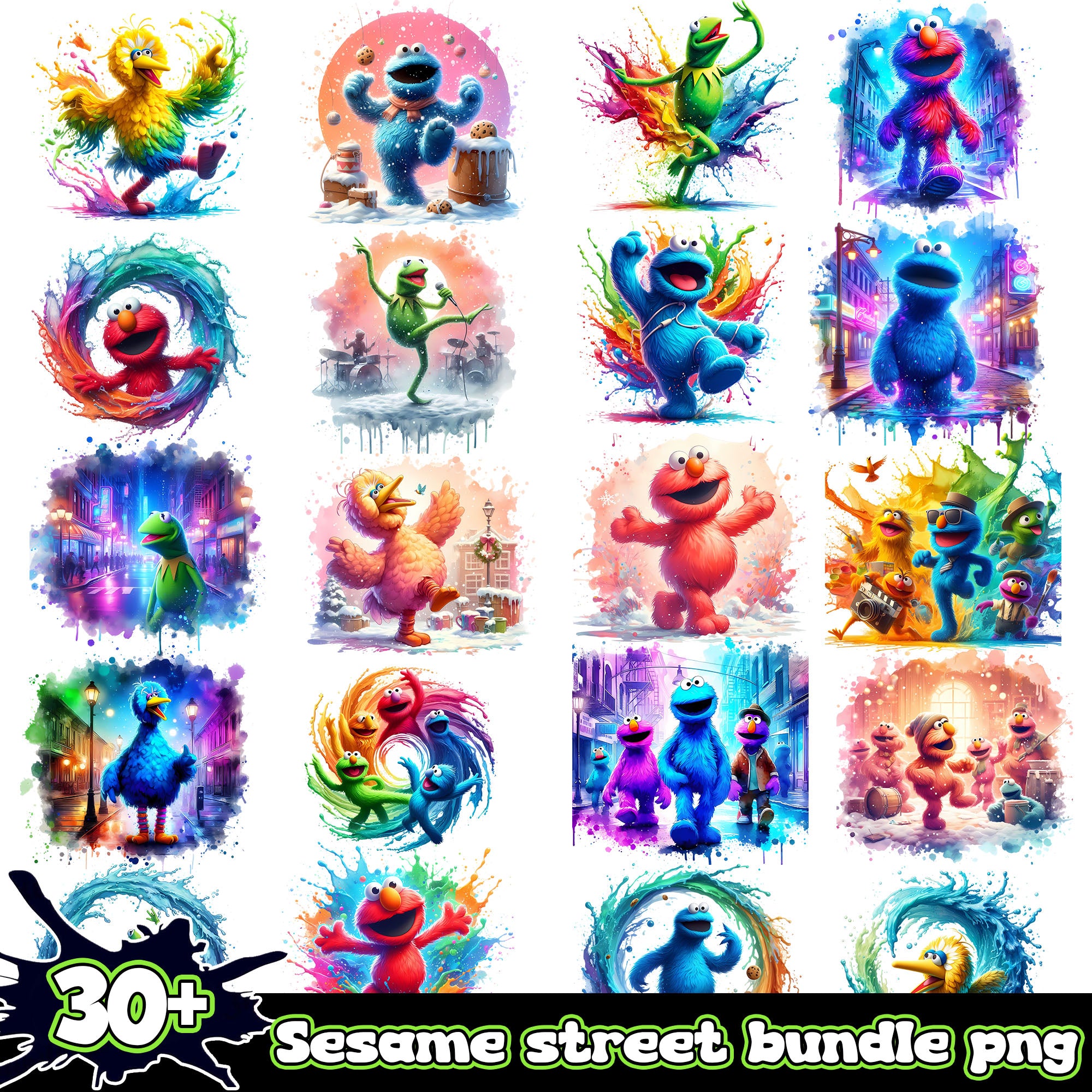 Sesame street Splash and Watercolor png bundle
