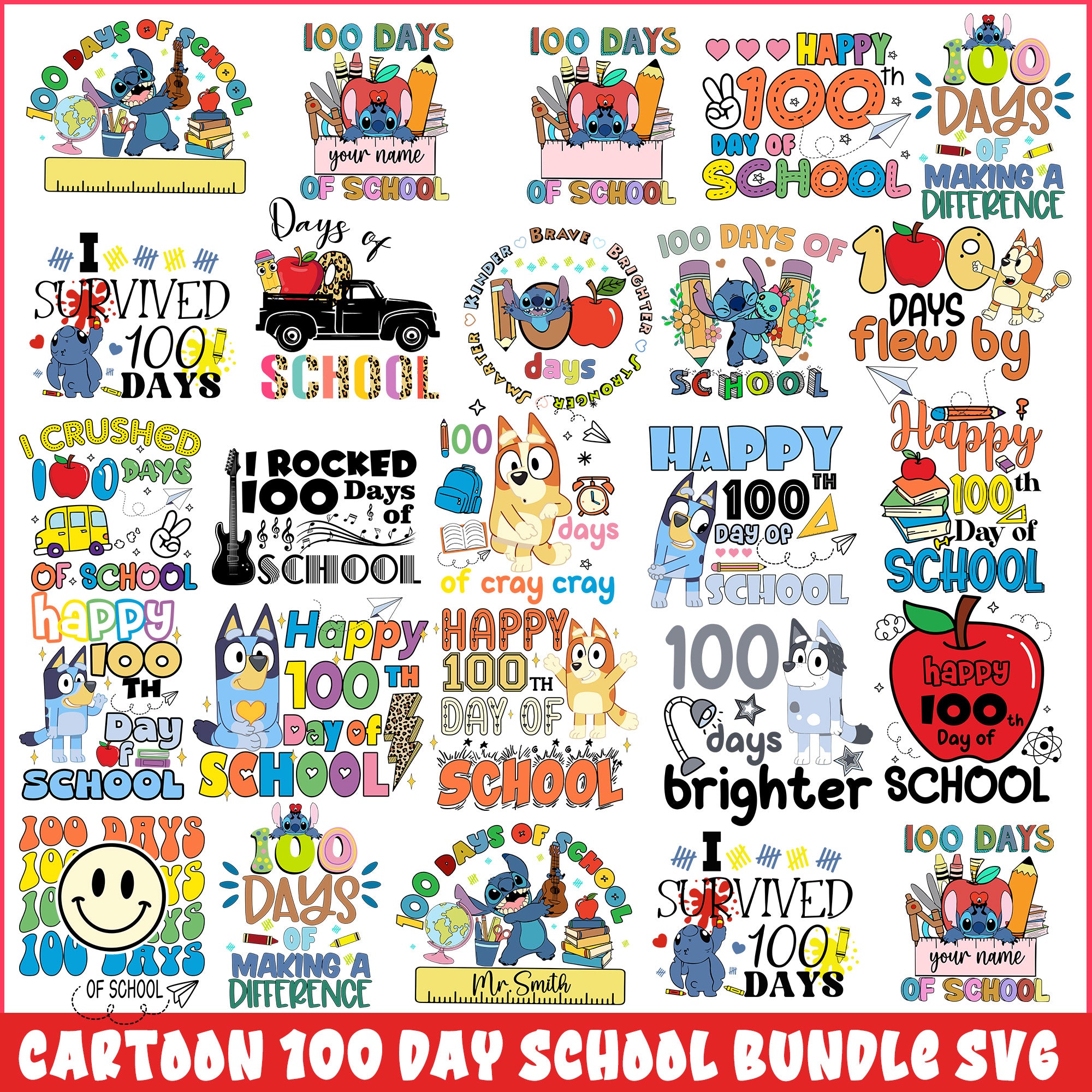 cartoon 100 day school bundle svg