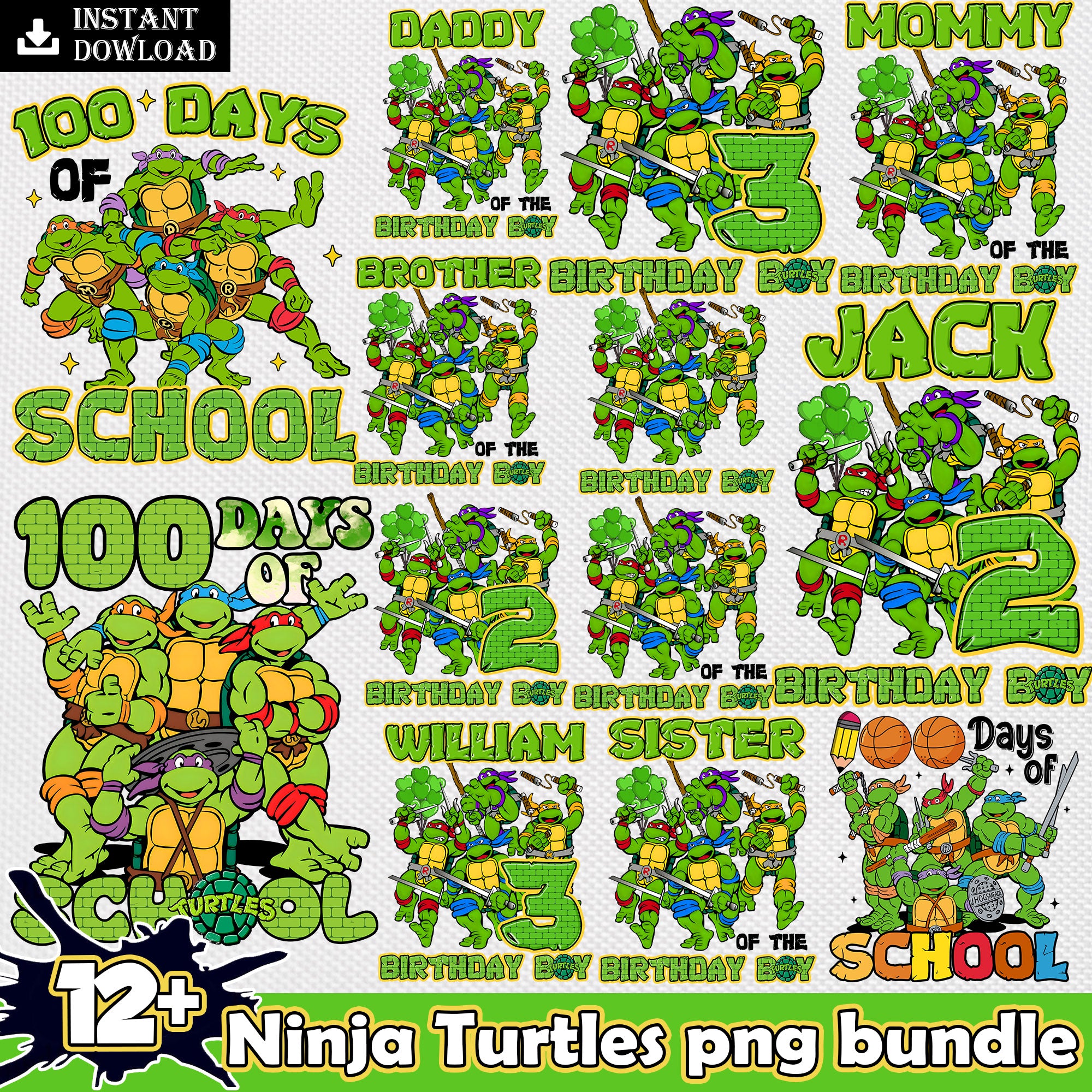 Ninja turtles 100 day school png bundle