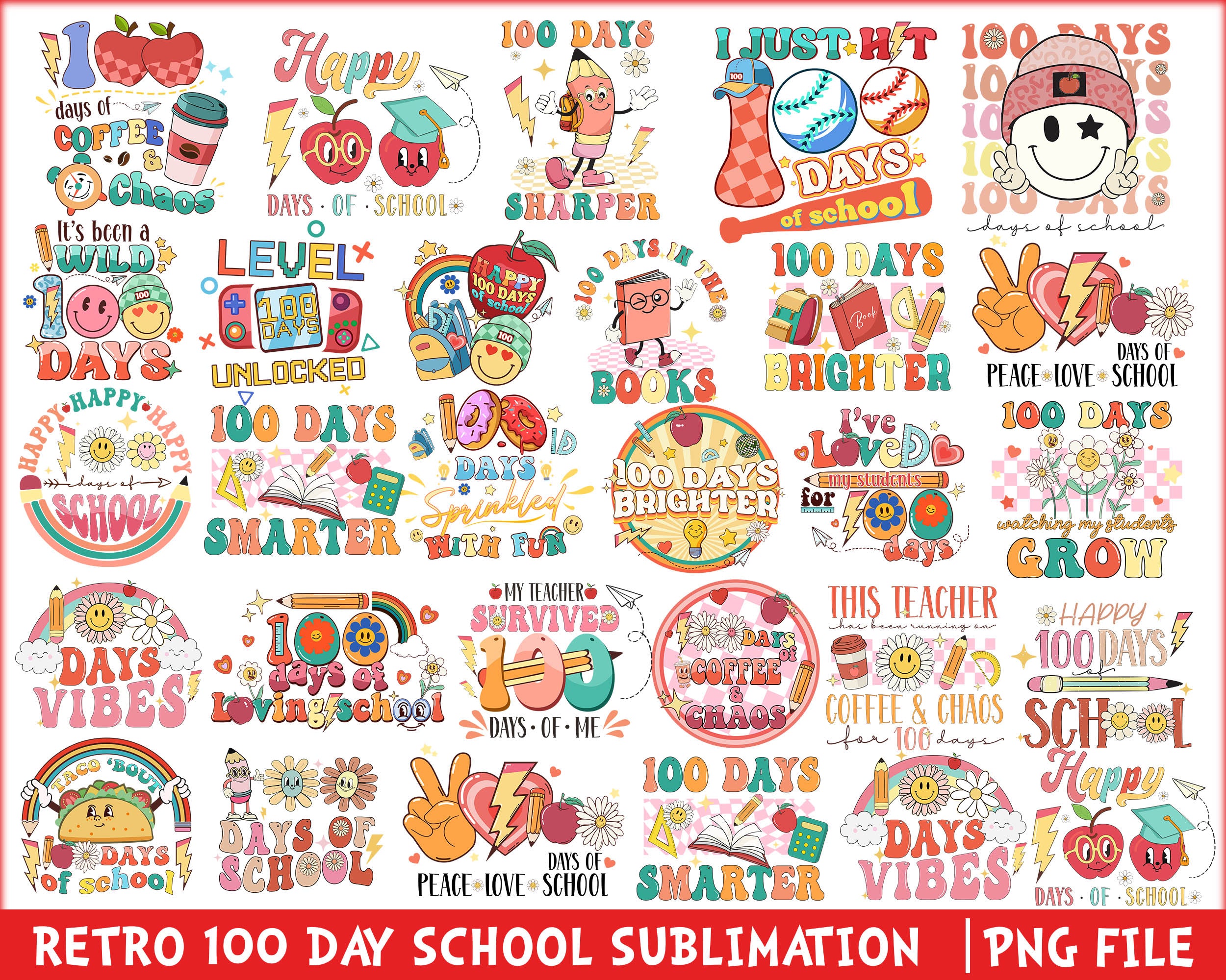 100 Days of School PNG, Happy 100 Days of School png, Back to School sublimation, Teacher School bundle