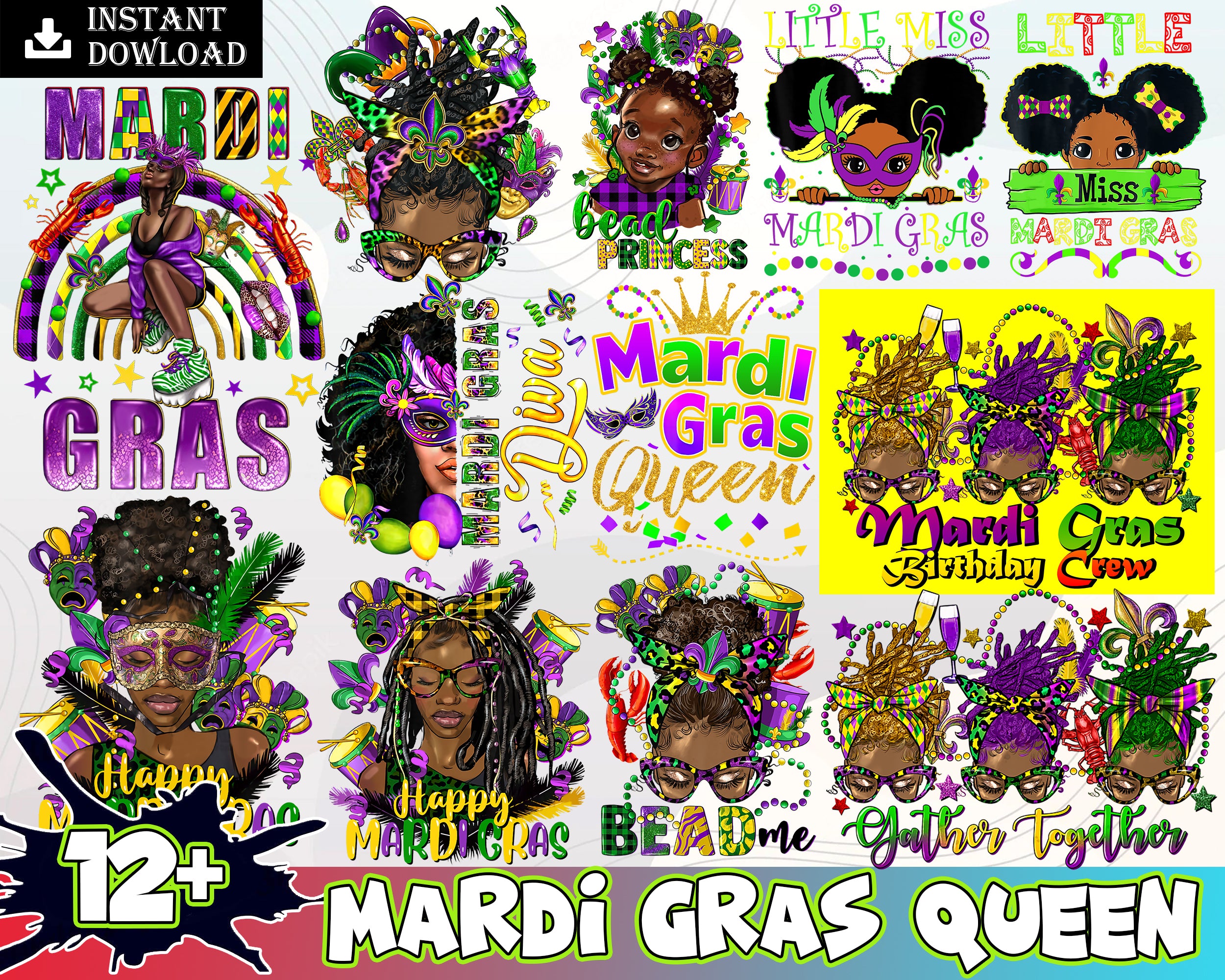 12 Happy Mardi Gras With Png , Mardi Gras queen png sublimation , black woman png, afro woman png