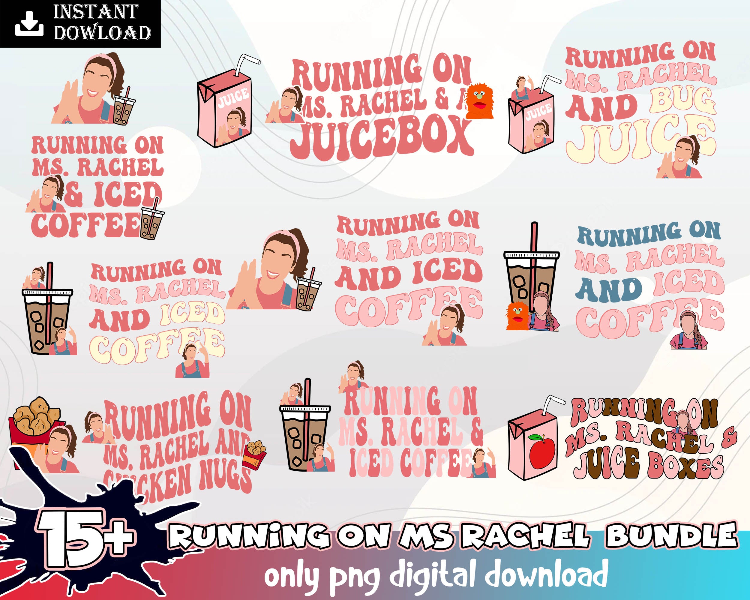 15+ Running On Ms.Rachel And Iced Coffee Juicebox Chicken Nugs Png Bundle, Trendy Design Png, Kids Design , Digital Download, CUSTOM FILE