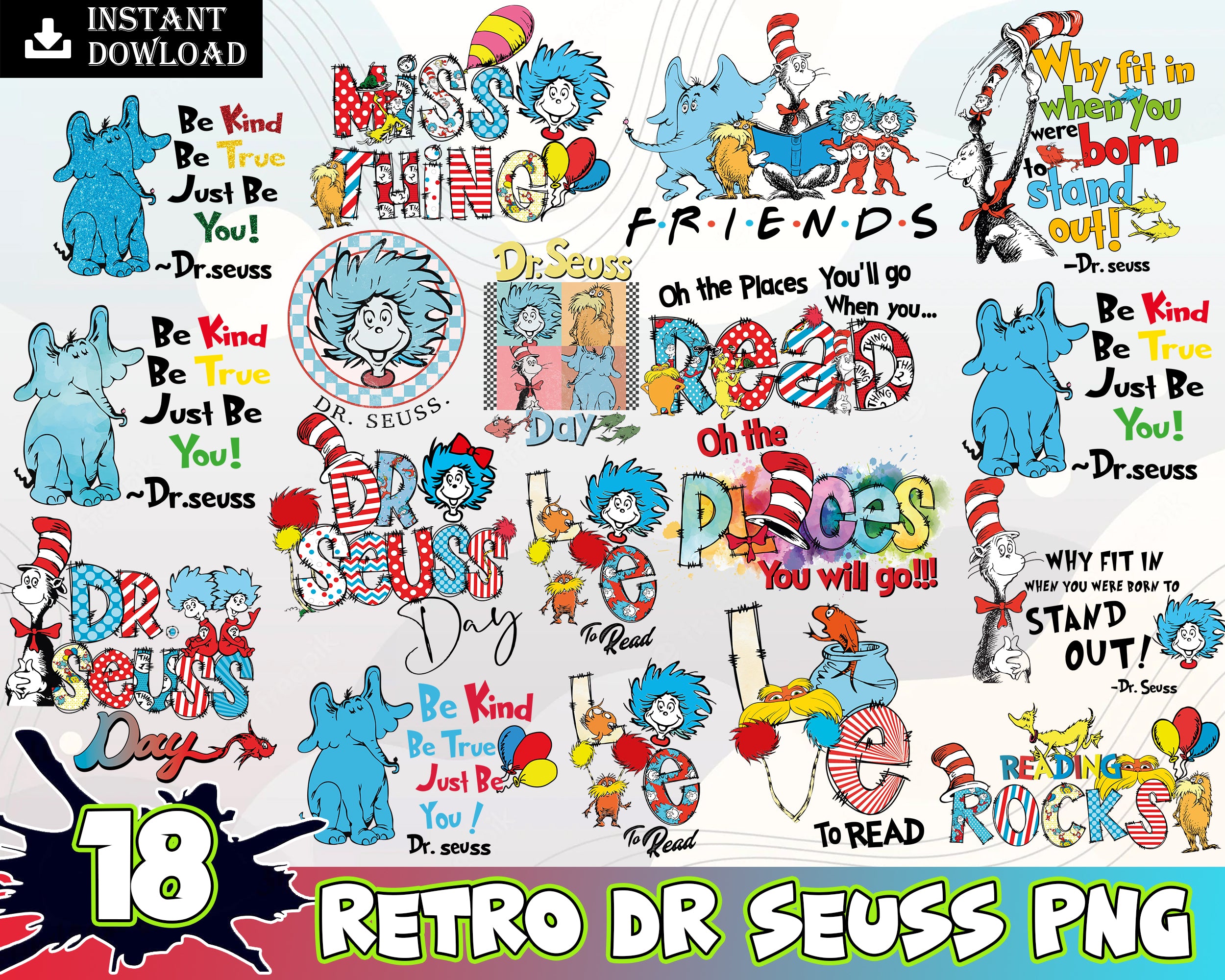 18 Retro Dr. Suesss Png, Dr. Suess Day, Sublimation Print, Teacher life png, Read across America, Dr. Suess Day Png, Teacher png