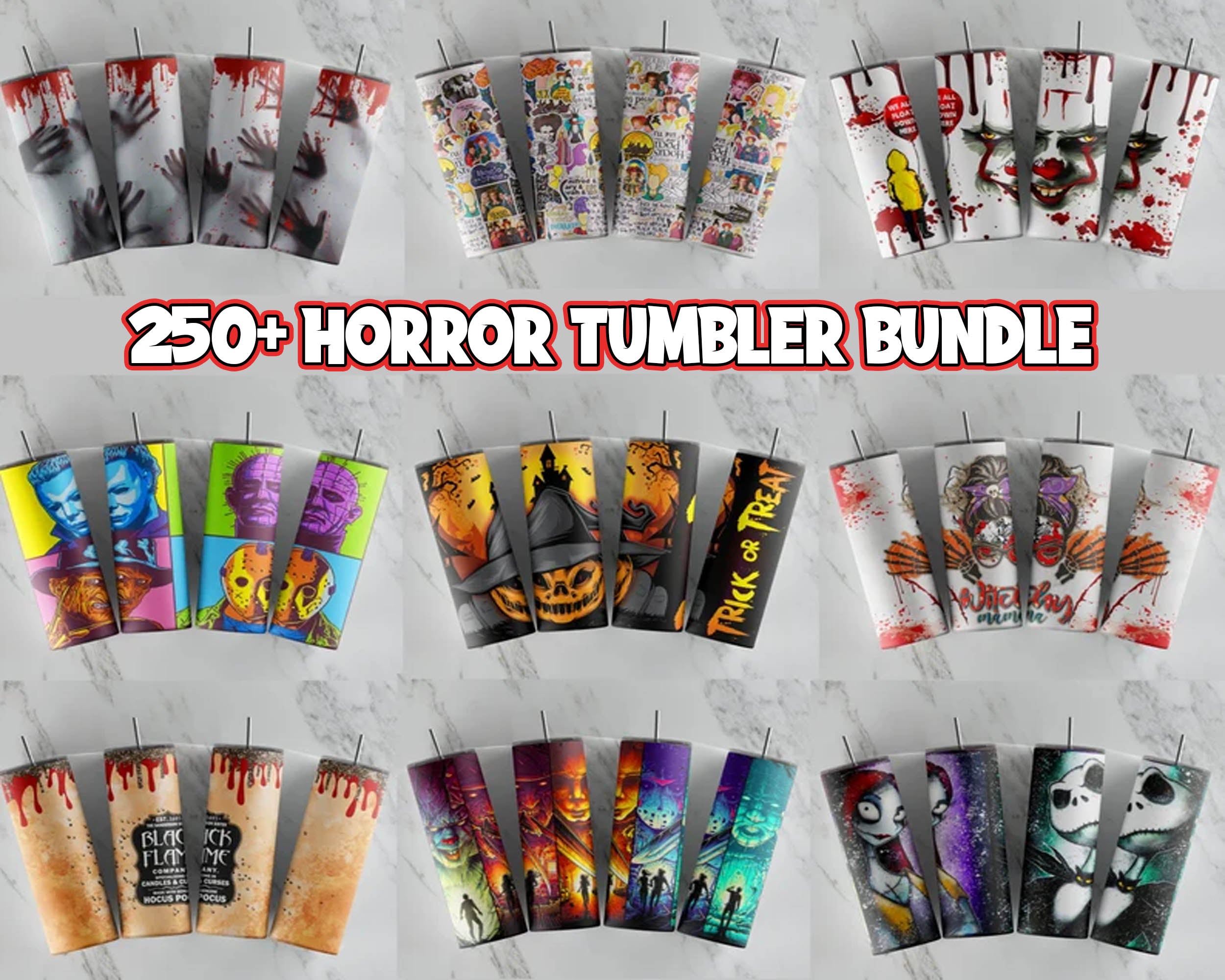 250+ Horror Drink Tumbler Wrap designs, skinny download tumbler file, Sublimation Designs for wraping
