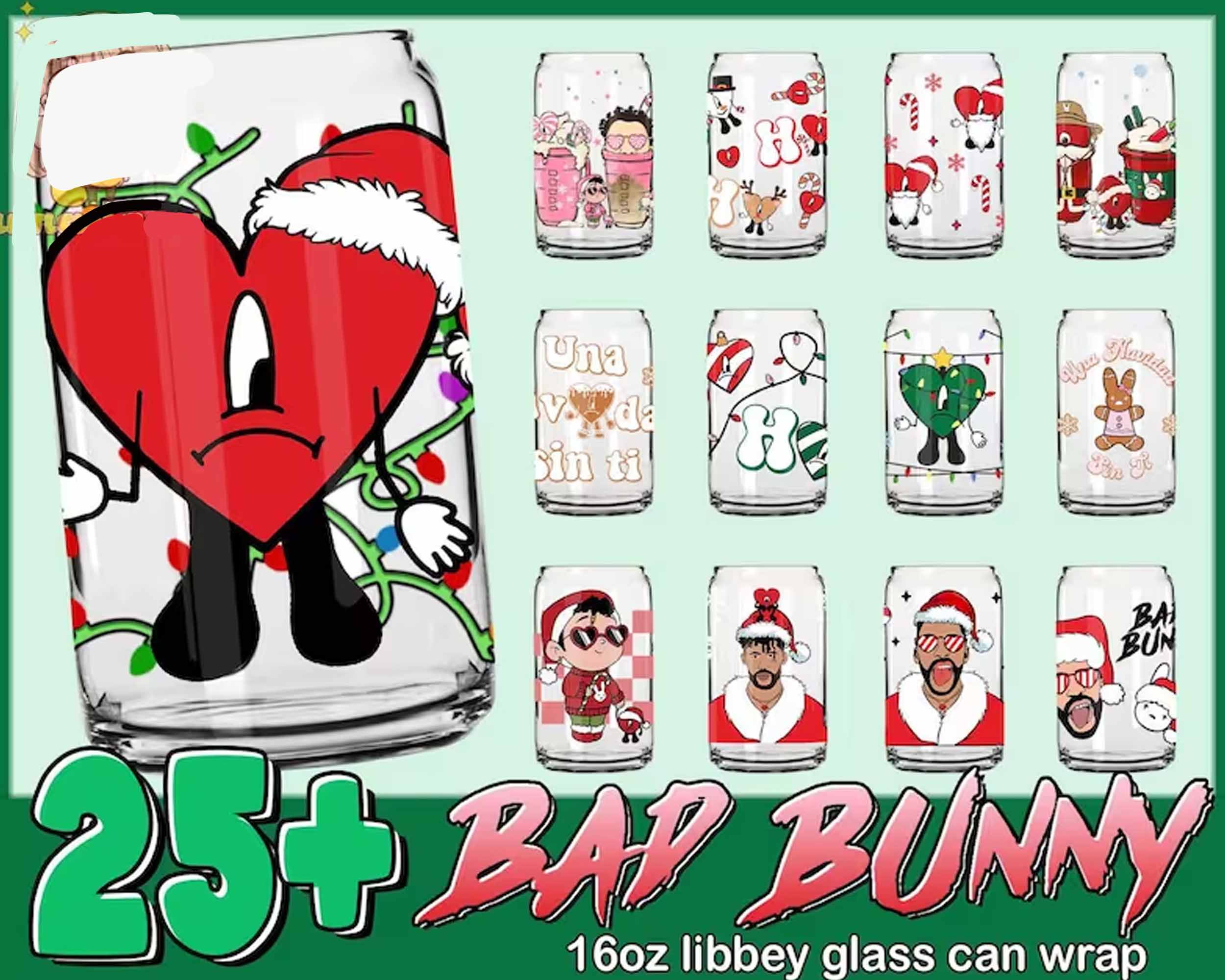 25+ Christmas Bad Bunny Glass Can Wrap PNG, Coffee Bad Bunny 16oz Png, Merry Christmas Tumbler Png, Bad Bunny Libbey Can Wrap Png