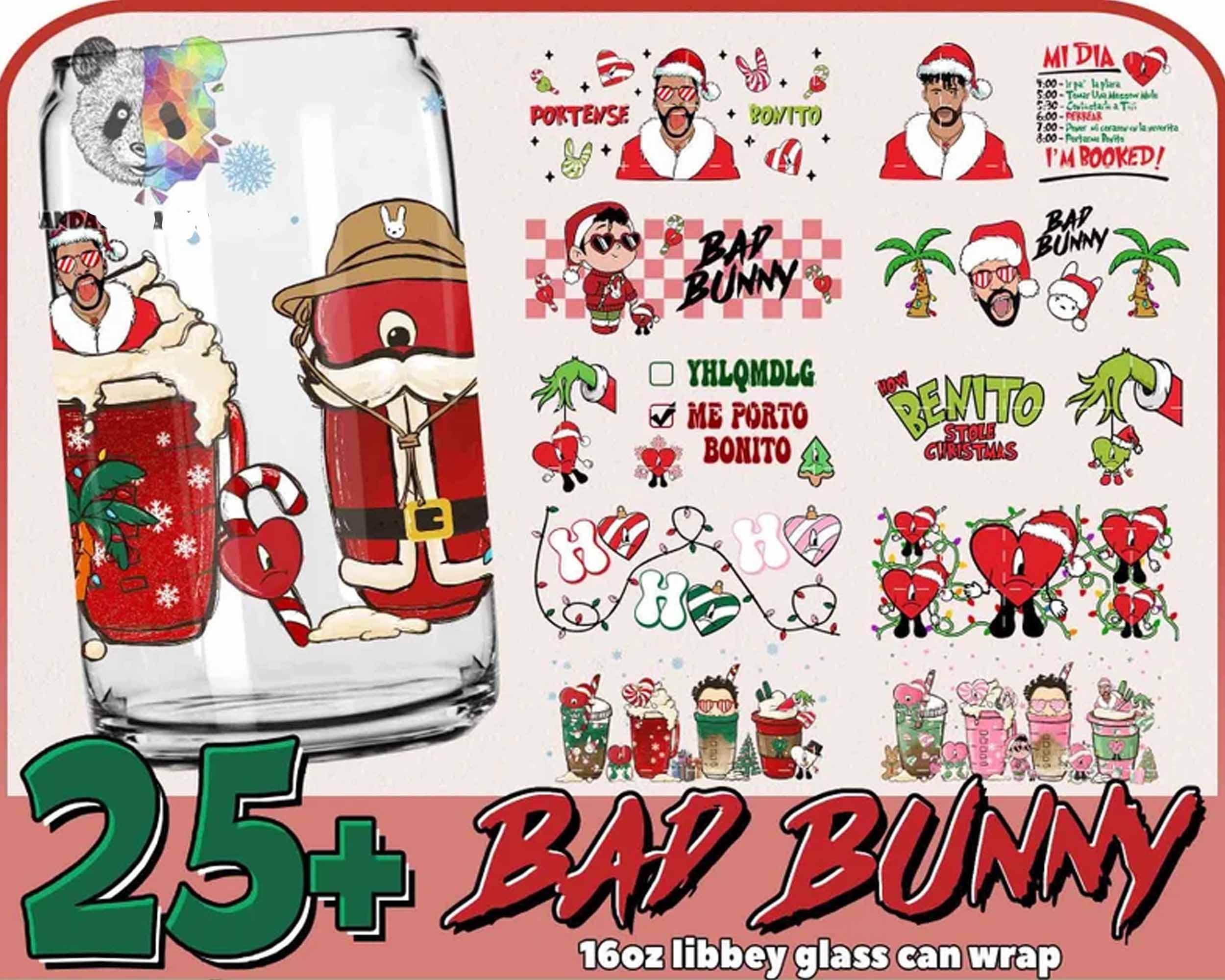 Version 2 - 25+ Christmas Bad Bunny Glass Can Wrap Png, Coffee Bad Bunny 16oz Png, Merry Christmas Tumbler Png, Bad Bunny Libbey Can Wrap Png