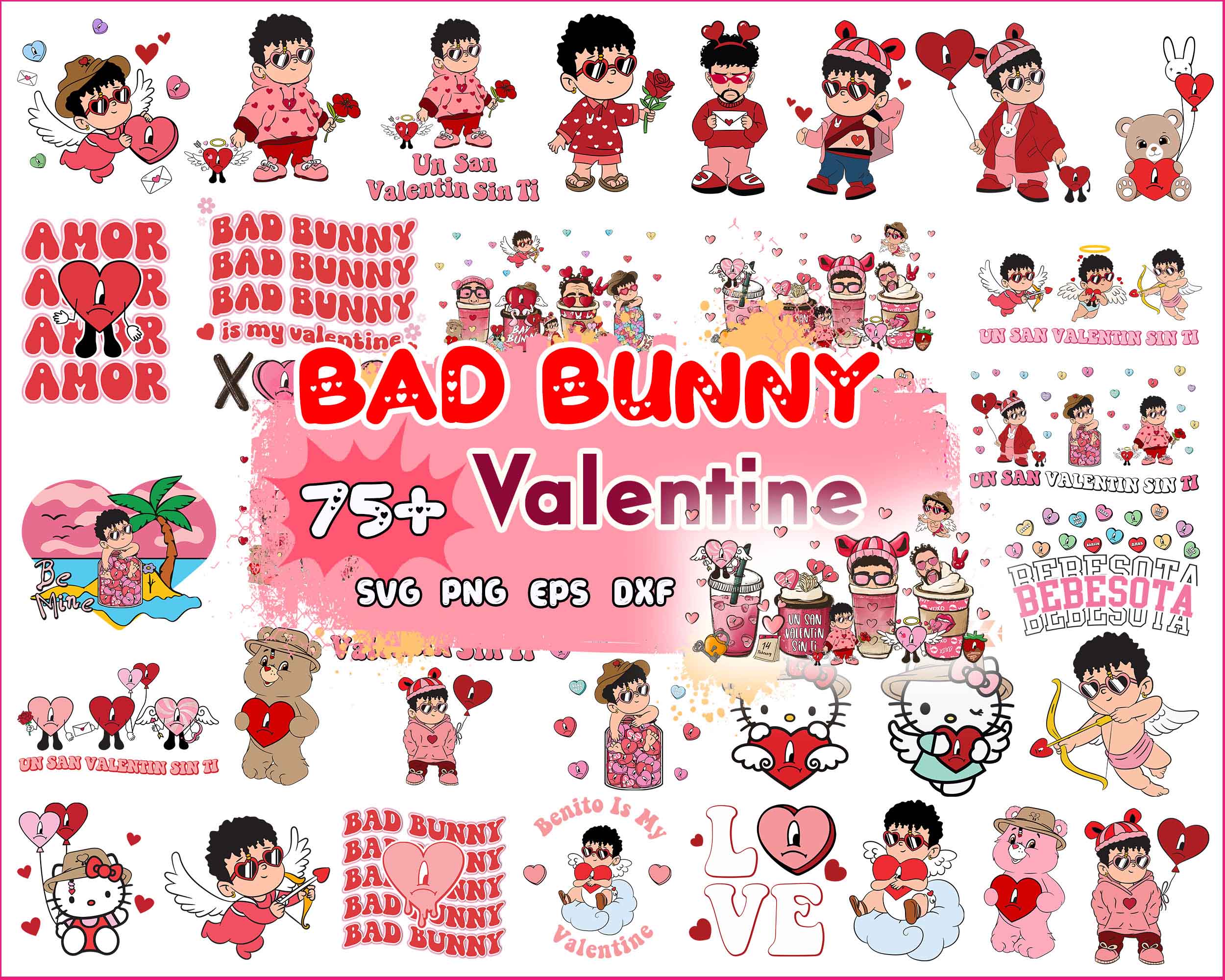 Version 2.0 - 75+ Bad bunny Valentines bundle, Valentine SVG PNG, eps dxf Design - Digital Download
