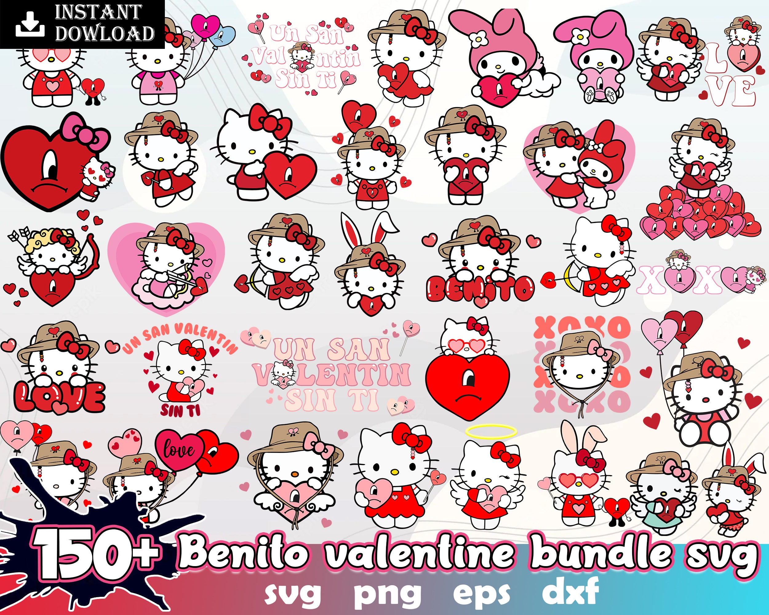 150+ Valentine Hello Kitty Bundle, Valentine kawaii kitty SVG png eps dxf, Cut File, Digital Download
