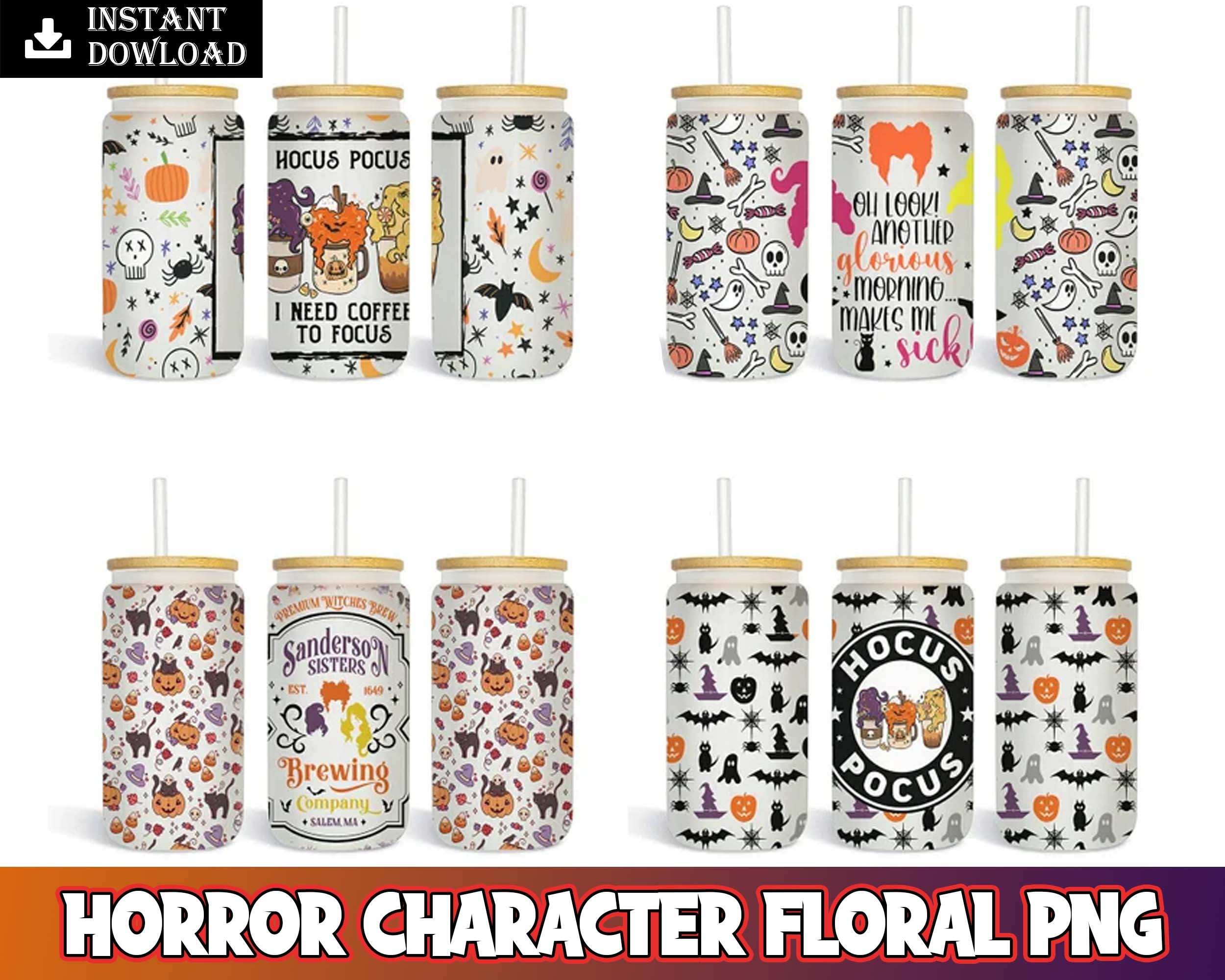 Hocus Pocus tumbler, Horror characters floral PNG designs, 16oz Libbey glass, Sublimation Designs for wraping