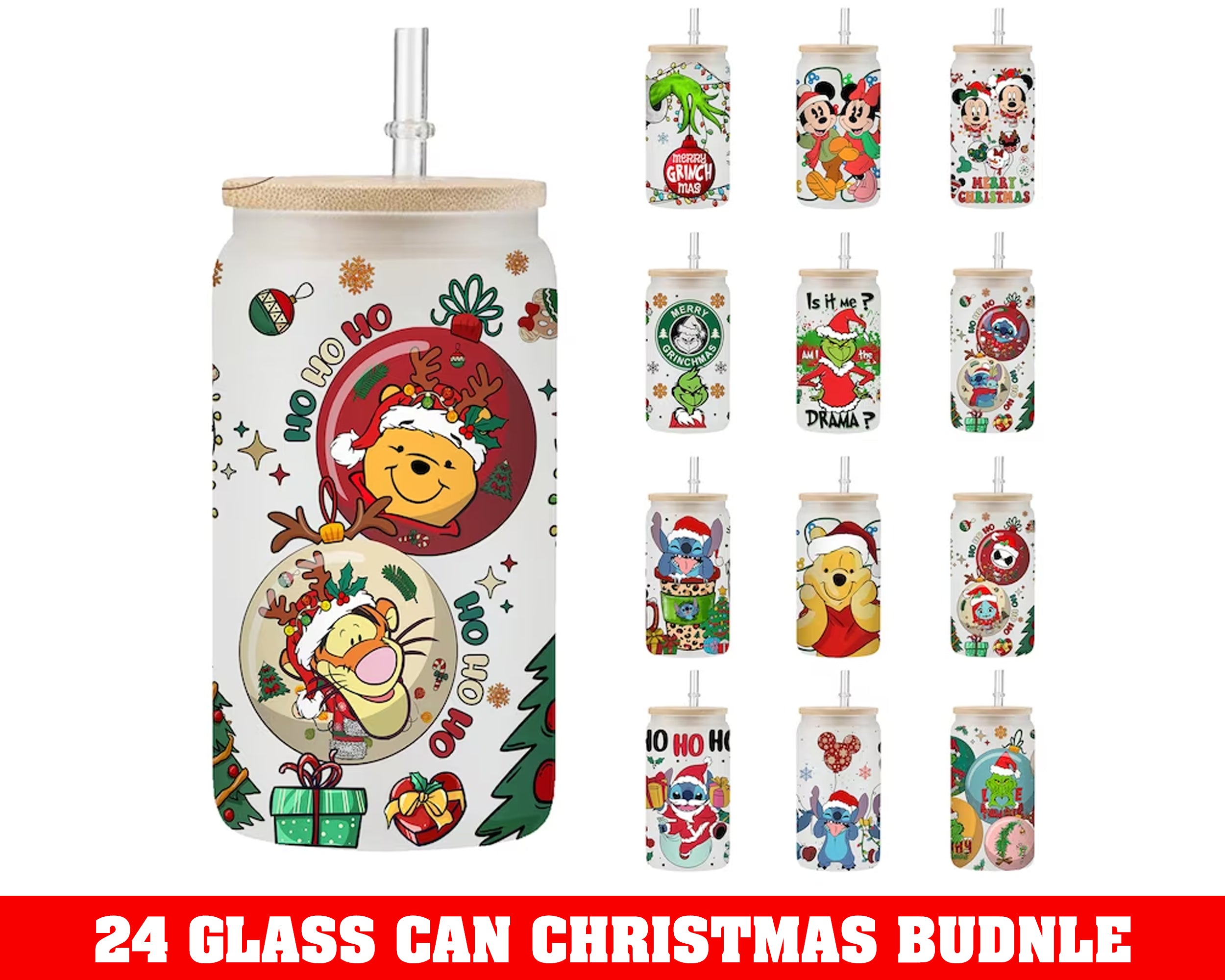 24 Cartoons Christmas 16oz Libbey Can Glass 2022 designs PNG, Christmas PNG bundle, Winnie Pooh 16oz tumbler CRM07112201