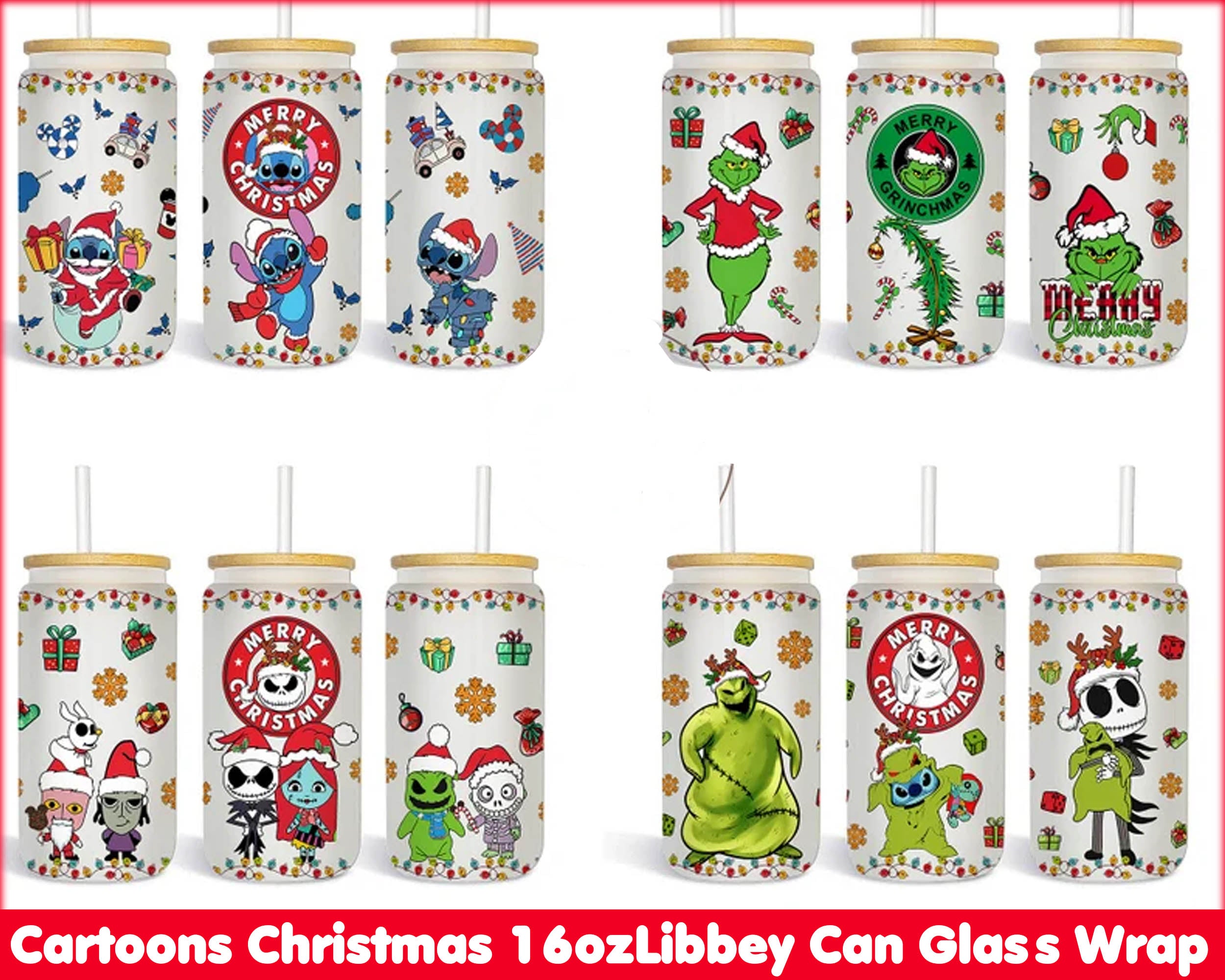 4 Cartoons Christmas 16oz Libbey Can Glass 2022 designs PNG, Christmas glass can bundle, CRM12112206