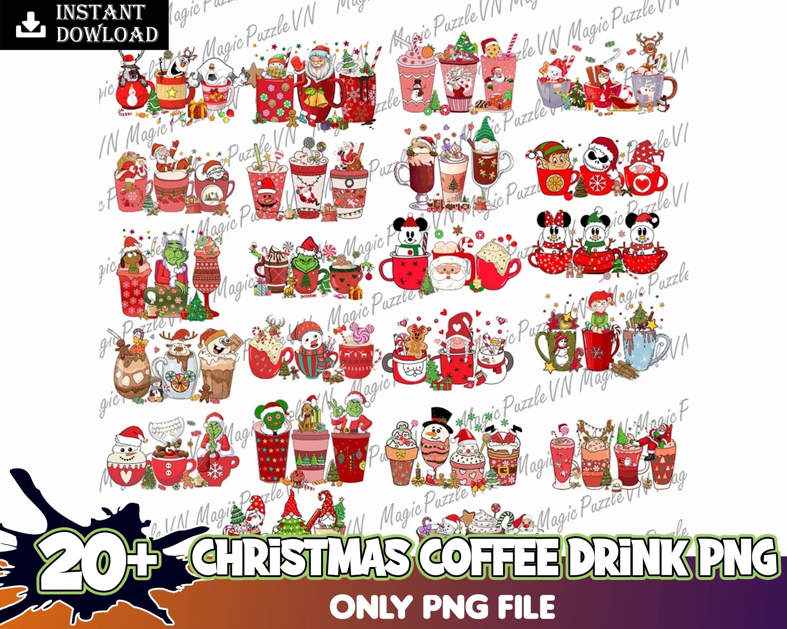 20+ Christmas coffee drink PNG bundle, Christmas cafe digital bundle, designs bundle in PNG formats, Digital files