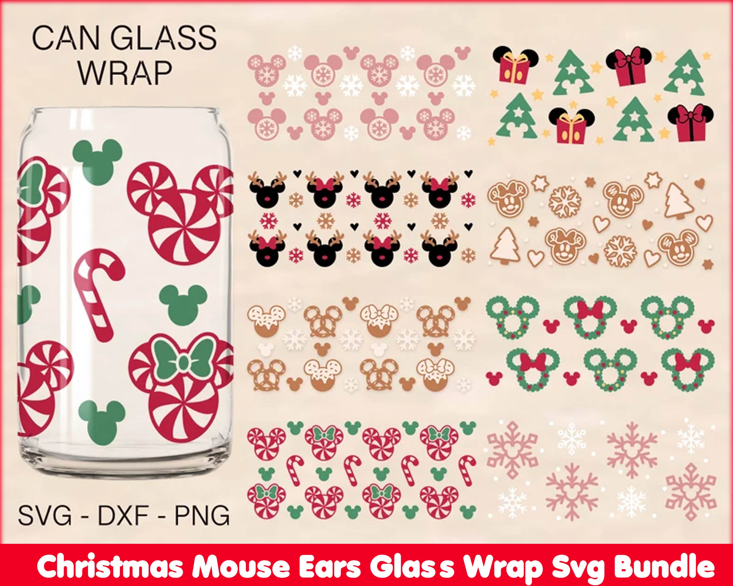 Christmas Mouse Ears Glass Wrap Svg, Cartoons Christmas 16oz Libbey Can Glass 2022 designs, Christmas PNG bundle, CRM12112208