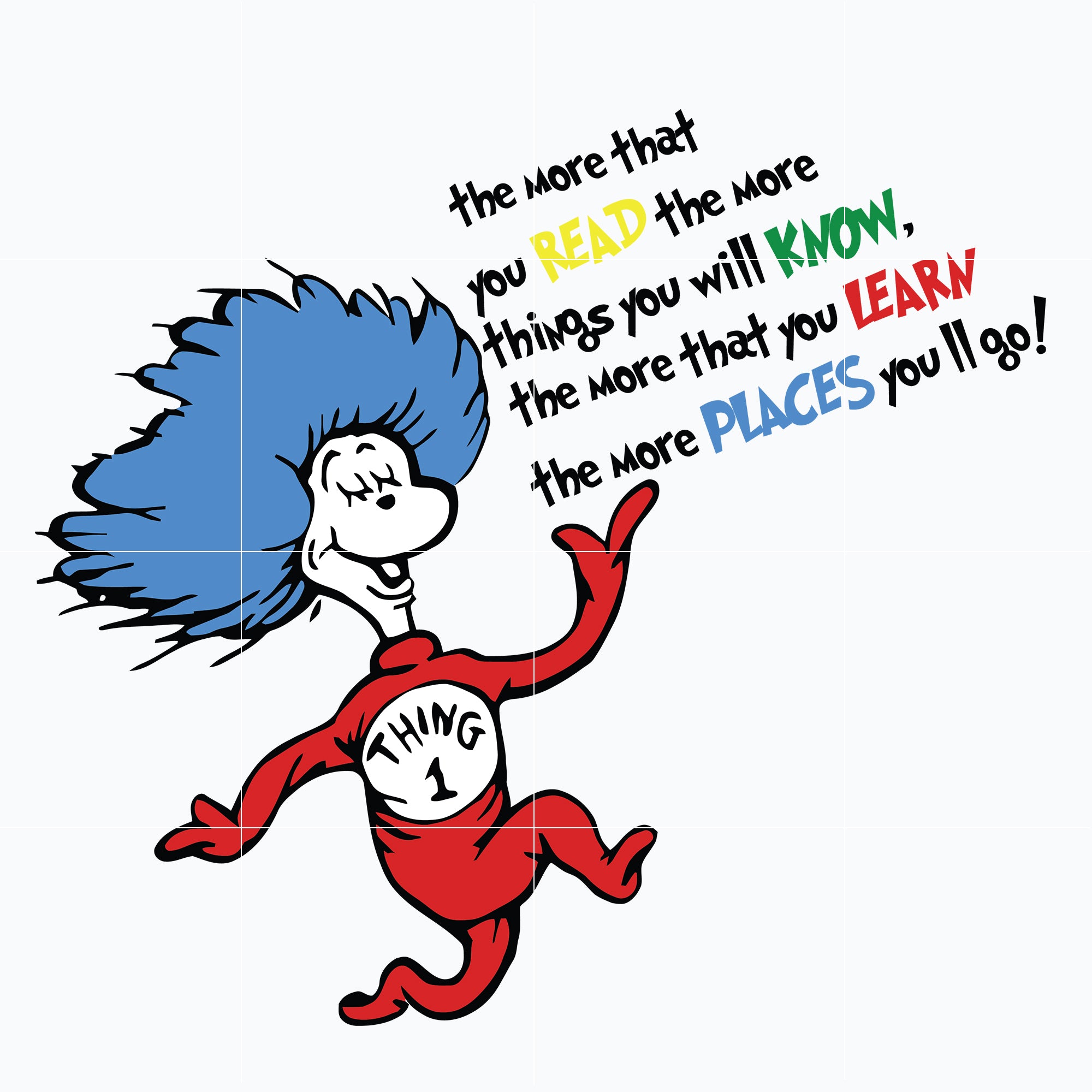 The more that you read, the more things you will know, the more that you learn, the more places you'll go svg, dr seuss svg, png, dxf, eps digital file
