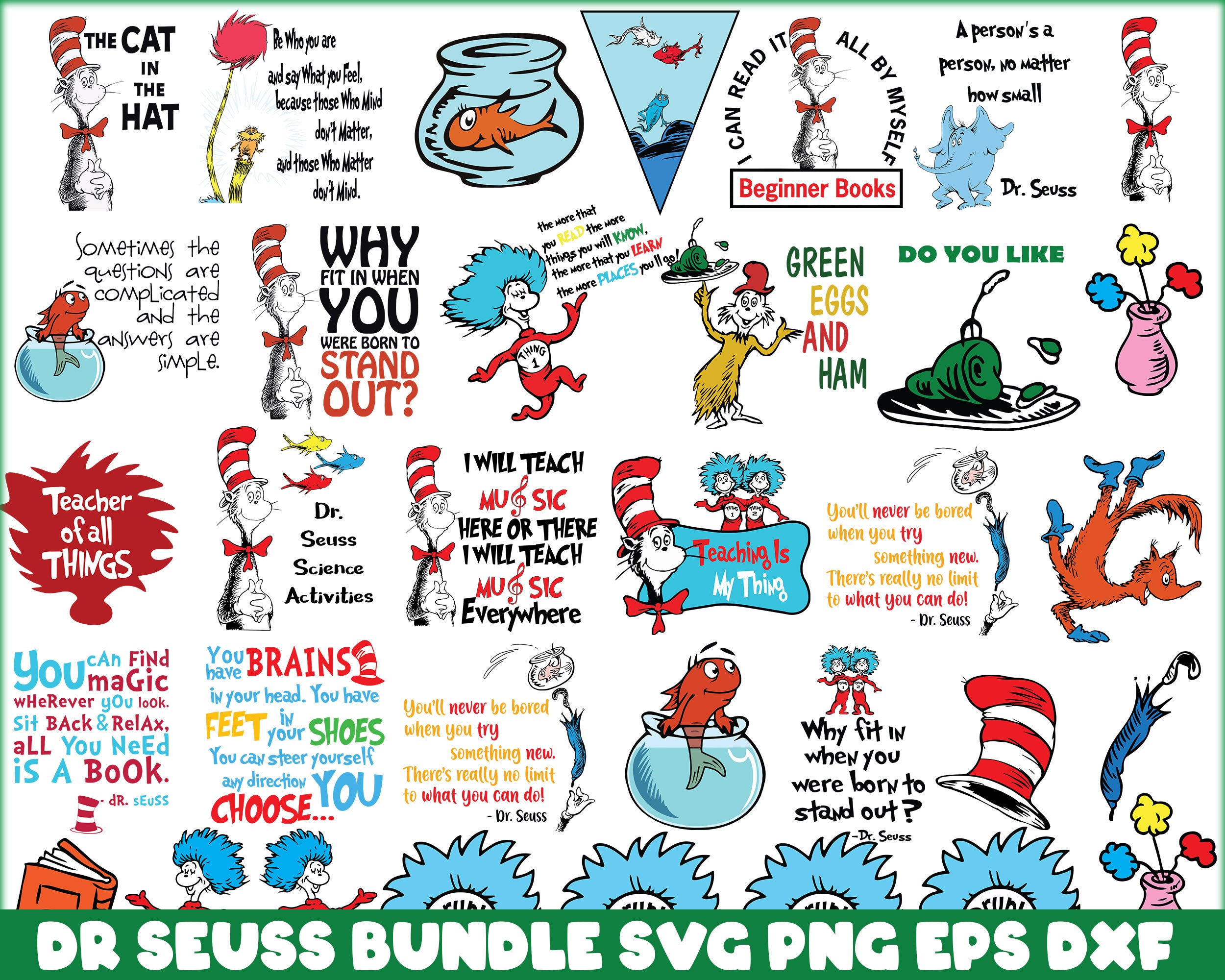 Bundle 14 - Dr Seuss Svg, Cat In The Hat SVG, Dr Seuss Hat SVG, Green Eggs And Ham Svg, Dr Seuss for Teachers Svg, Png, Eps, Dxf