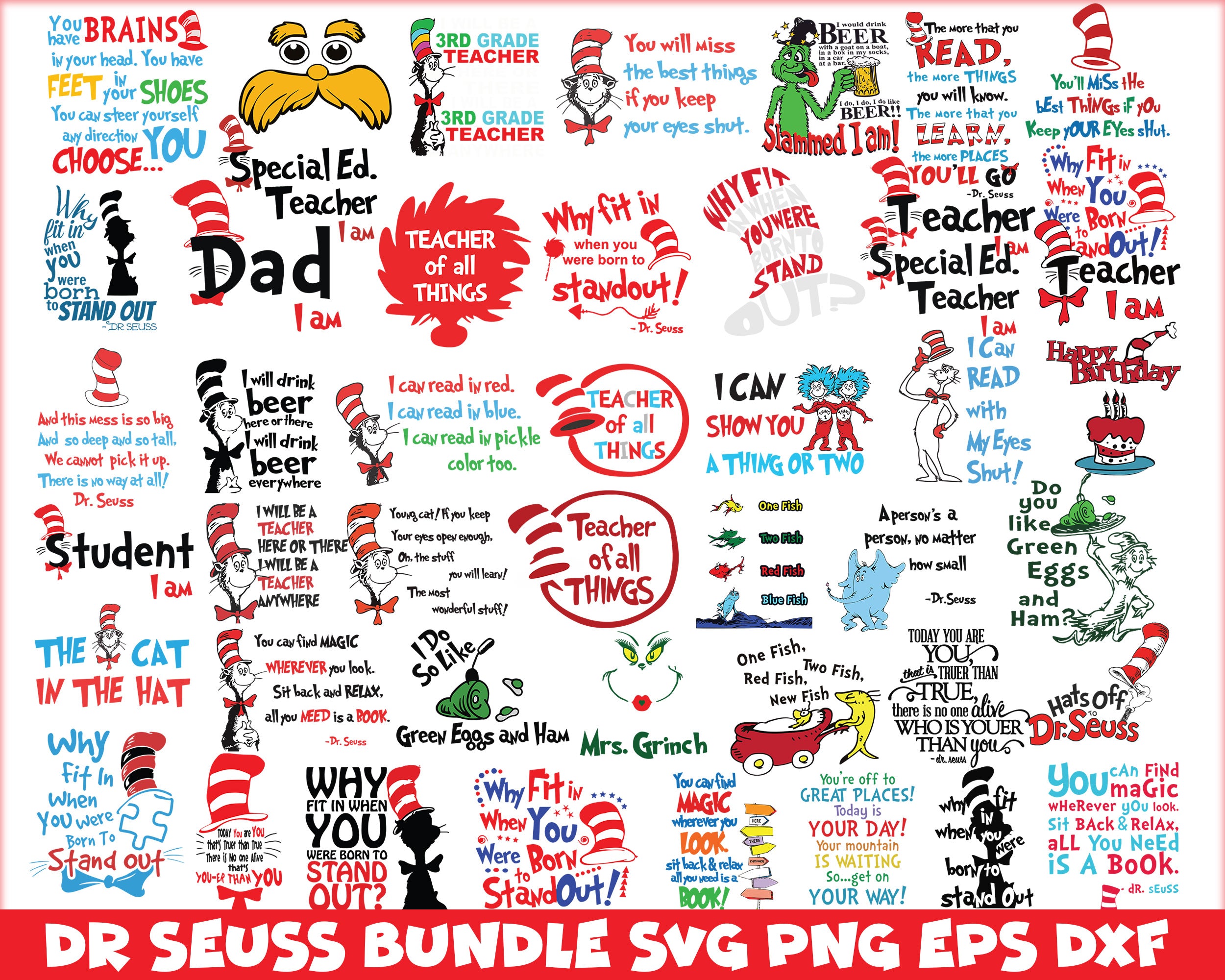Bundle 18 - Dr Seuss Svg, Cat In The Hat SVG, Dr Seuss Hat SVG, Green Eggs And Ham Svg, Dr Seuss for Teachers Svg, Png, Eps, Dxf