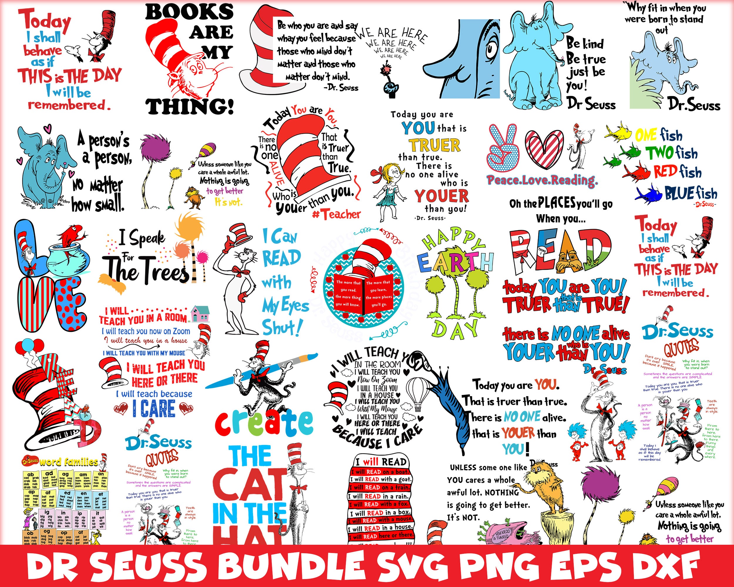 Bundle 19 - Dr Seuss Svg, Cat In The Hat SVG, Dr Seuss Hat SVG, Green Eggs And Ham Svg, Dr Seuss for Teachers Svg, Png, Eps, Dxf