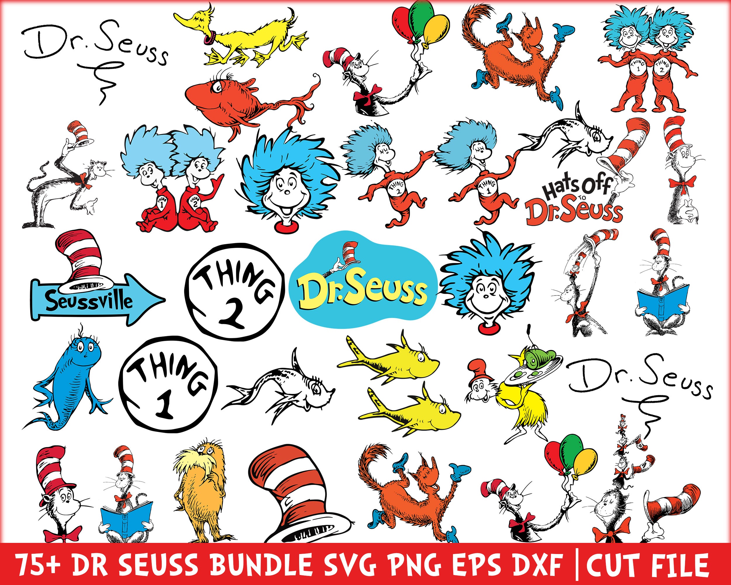 Bundle 2 - Dr Seuss Svg, Cat In The Hat SVG, Dr Seuss Hat SVG, Green Eggs And Ham Svg, Dr Seuss for Teachers Svg, Png, Eps, Dxf