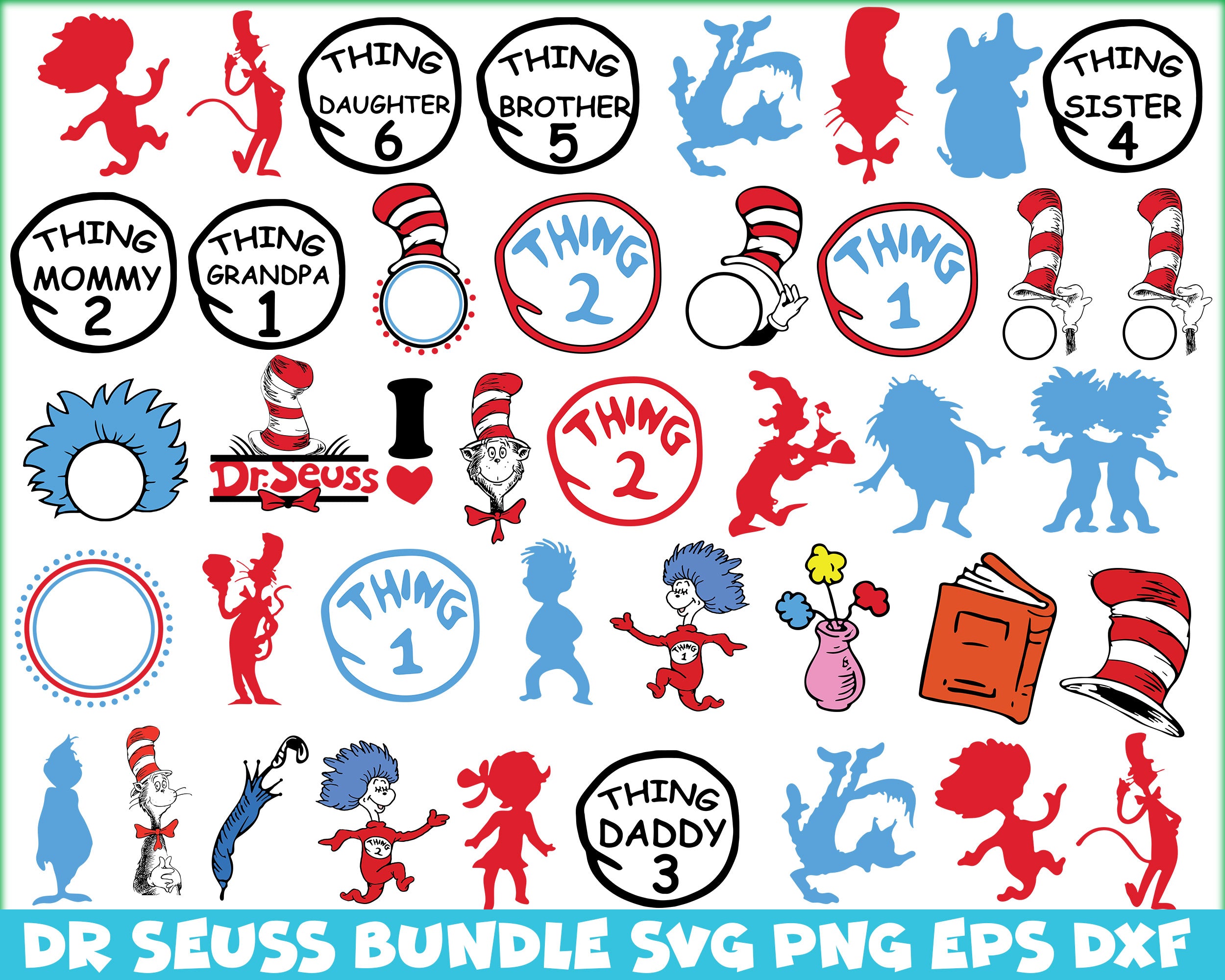 Bundle 3 - Dr Seuss Svg, Cat In The Hat SVG, Dr Seuss Hat SVG, Green Eggs And Ham Svg, Dr Seuss for Teachers Svg, Png, Eps, Dxf