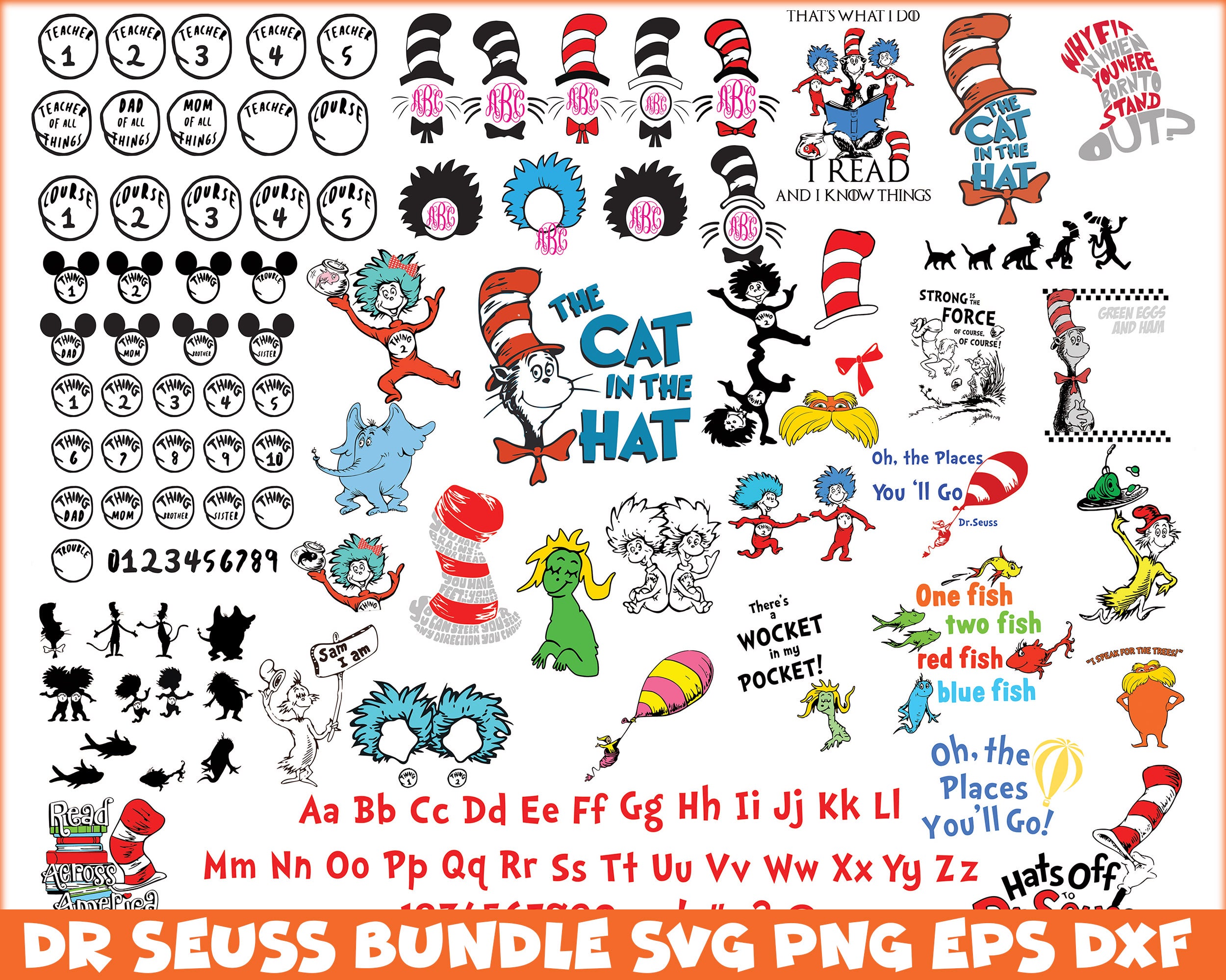 Bundle 5 - Dr Seuss Svg, Cat In The Hat SVG, Dr Seuss Hat SVG, Green Eggs And Ham Svg, Dr Seuss for Teachers Svg, Png, Eps, Dxf