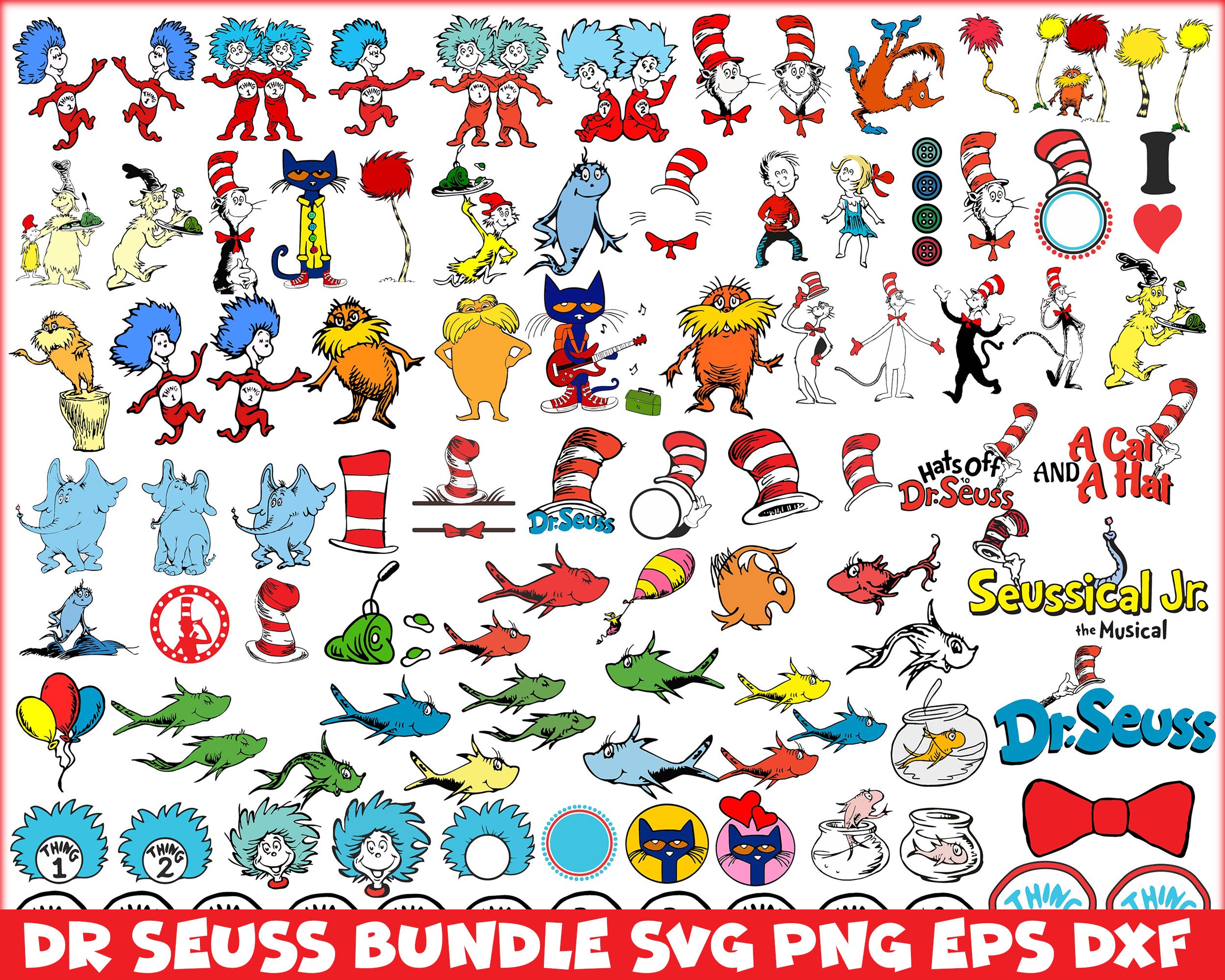 Bundle 6 - Dr Seuss Svg, Cat In The Hat SVG, Dr Seuss Hat SVG, Green Eggs And Ham Svg, Dr Seuss for Teachers Svg, Png, Eps, Dxf