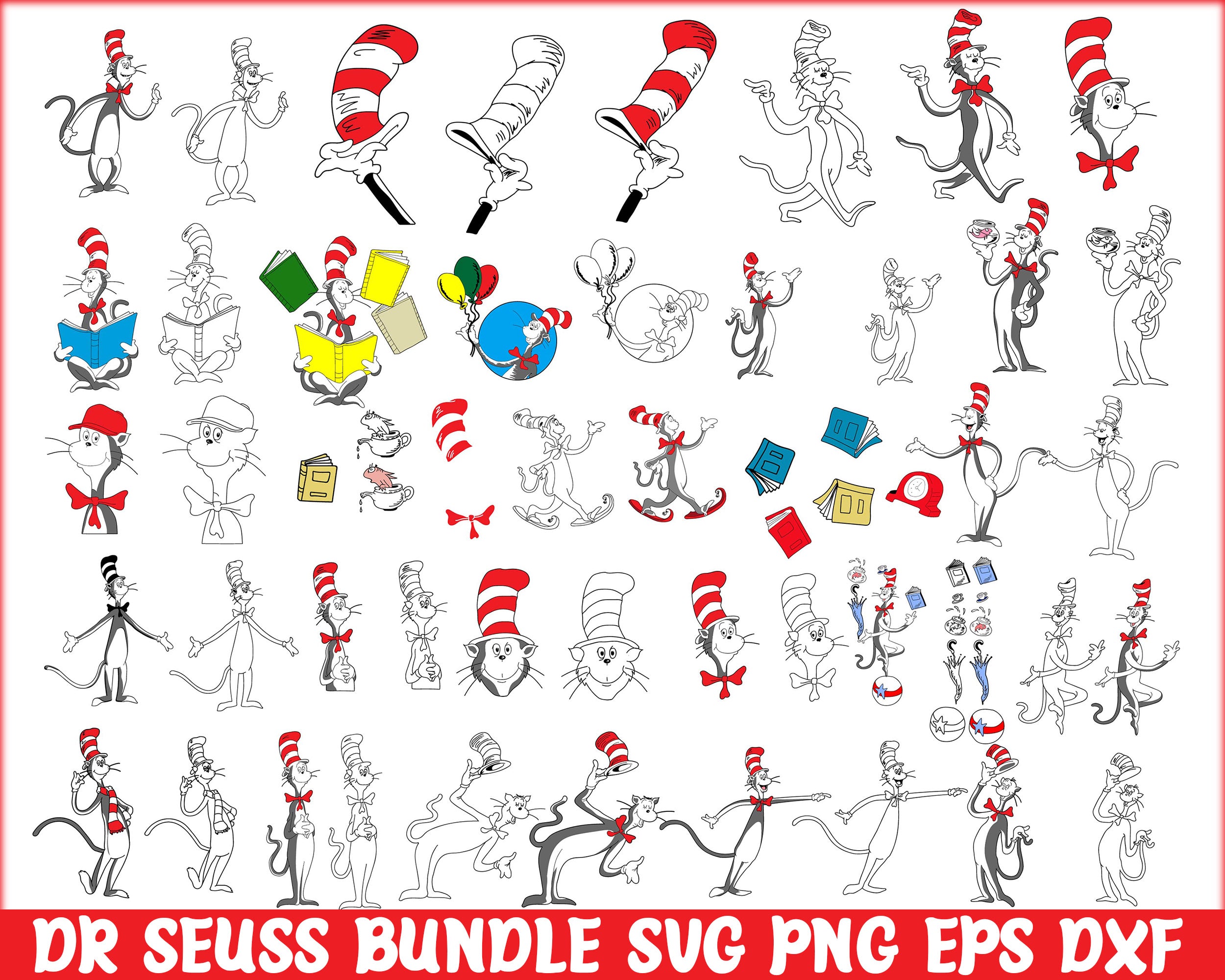 Bundle 7 - Dr Seuss Svg, Cat In The Hat SVG, Dr Seuss Hat SVG, Green Eggs And Ham Svg, Dr Seuss for Teachers Svg, Png, Eps, Dxf