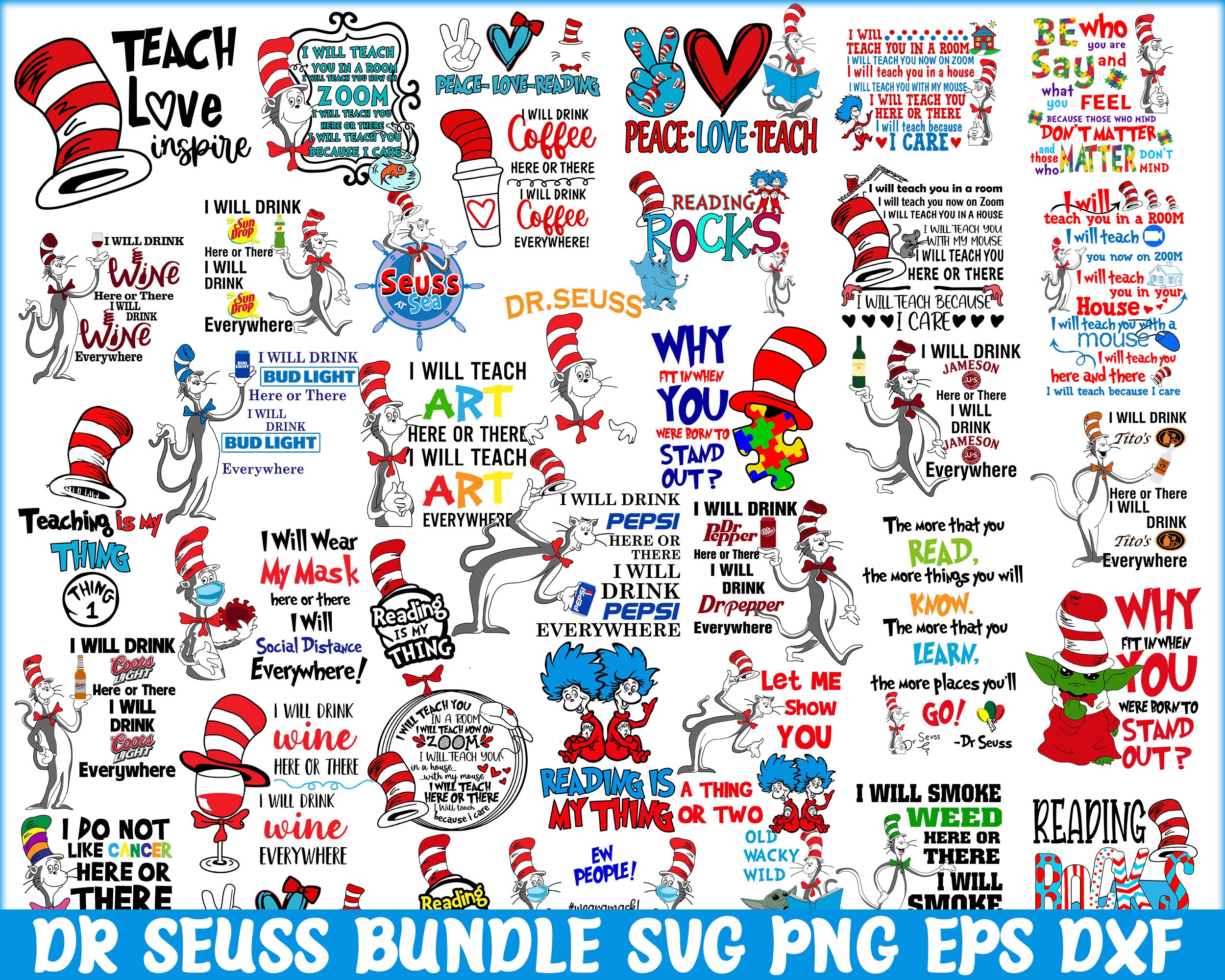 Bundle 8 - Dr Seuss Svg, Cat In The Hat SVG, Dr Seuss Hat SVG, Green Eggs And Ham Svg, Dr Seuss for Teachers Svg, Png, Eps, Dxf