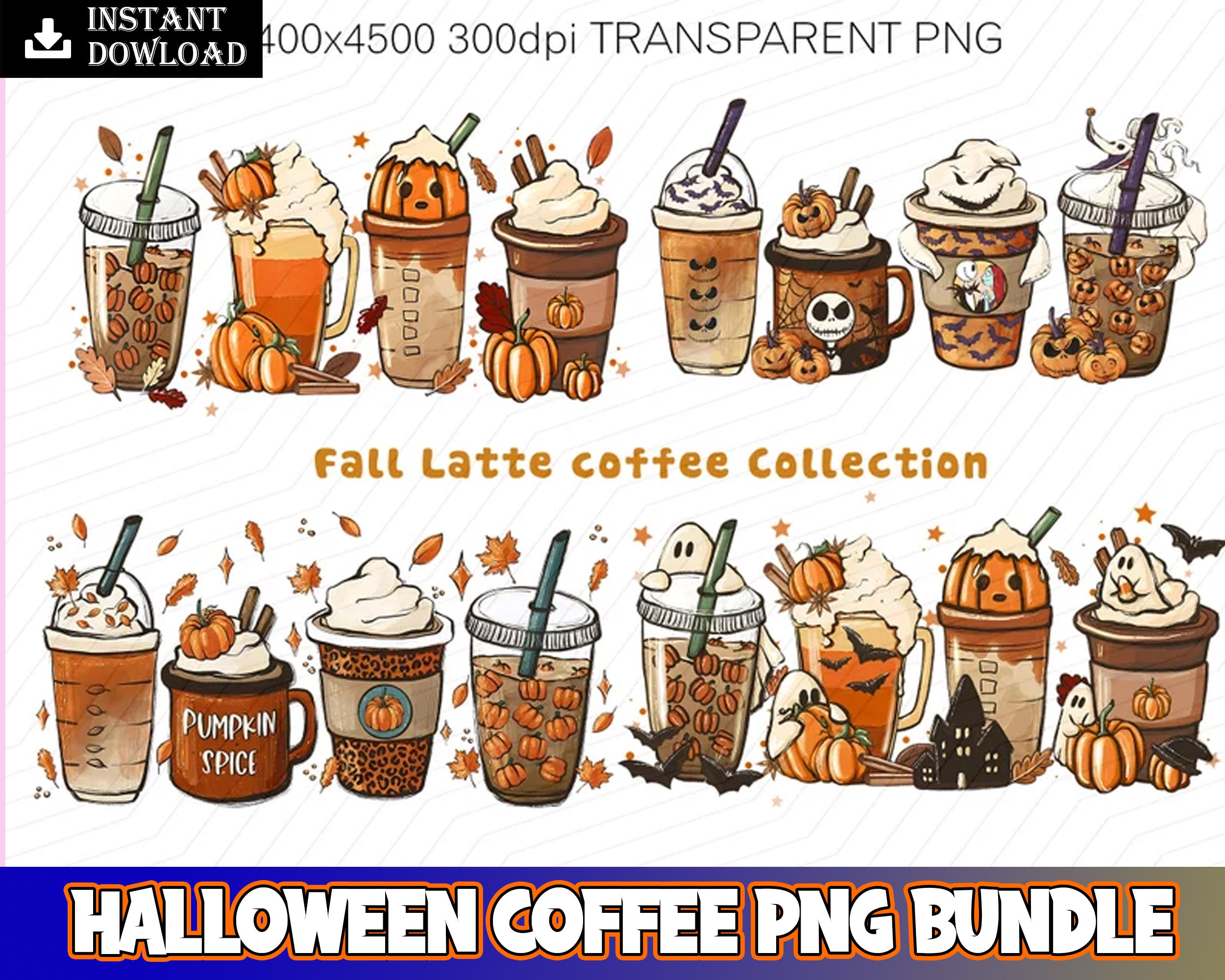 Fall halloween coffee PNG bundle, Halloween coffee pumpkin bundle, Halloween latte designs bundle in PNG formats, Digital files