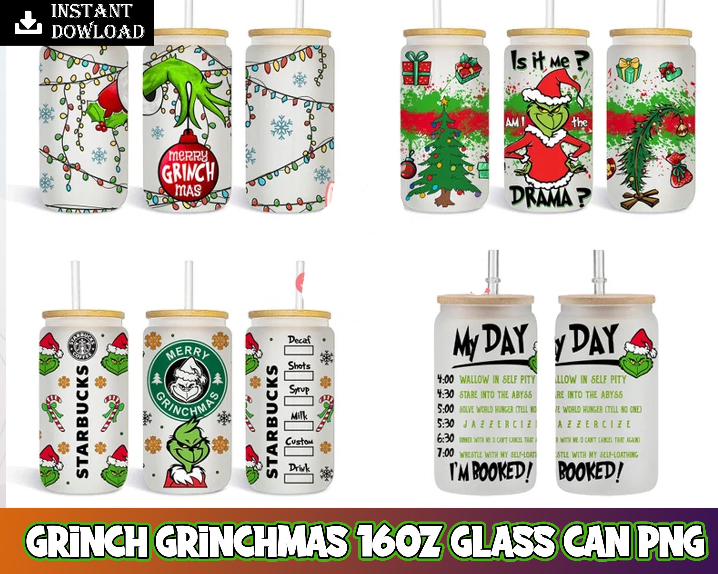 Grinchmas 16oz Glass Can skinny tumbler sublimation designs PNG, Christmas Grinch PNG, Christmas 16oz skinny tumbler
