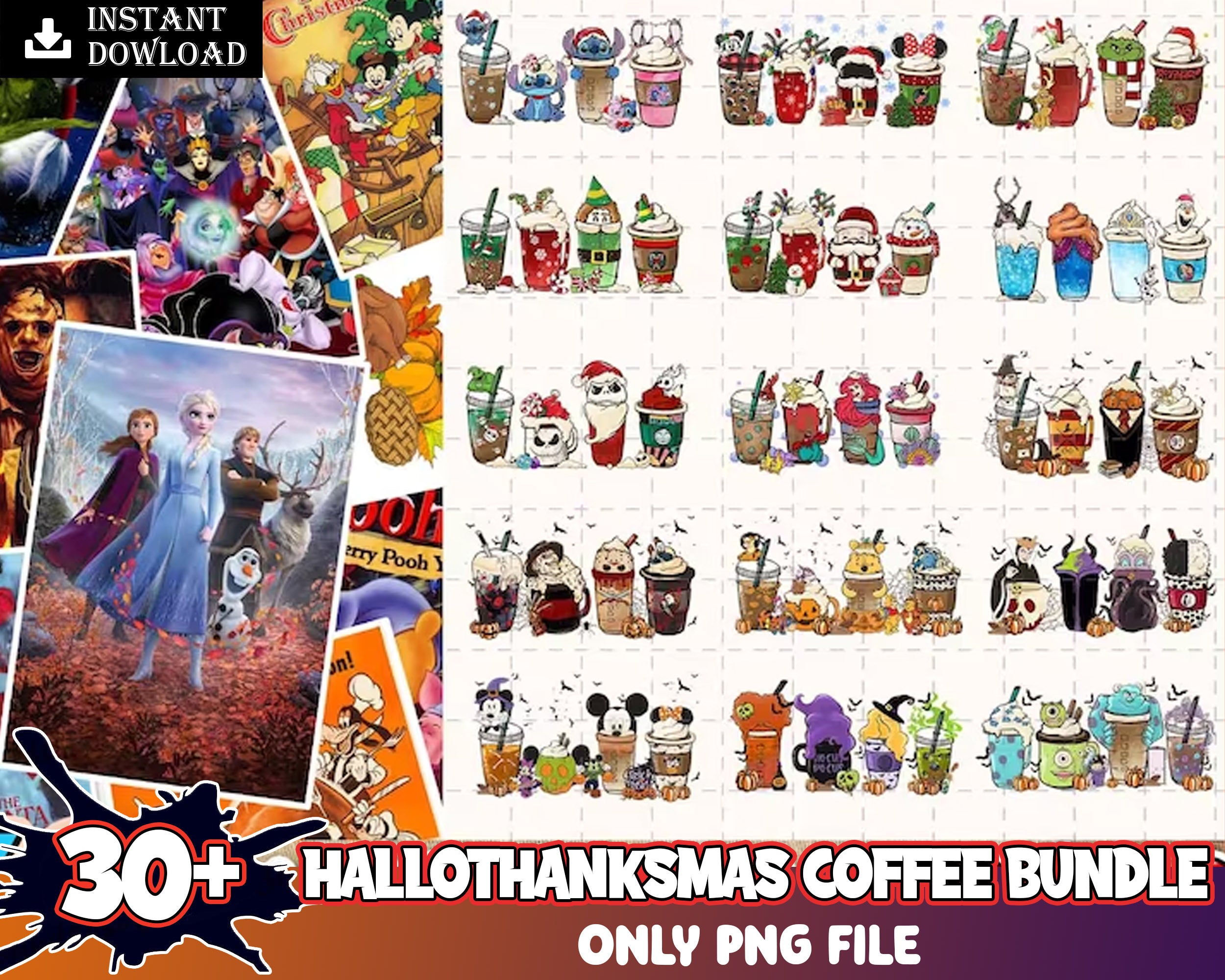 30+ Hallothanksmas Coffee PNG, Disney Christmas coffee PNG, Christmas princess cafe digital bundle, Halloween designs bundle, Digital files