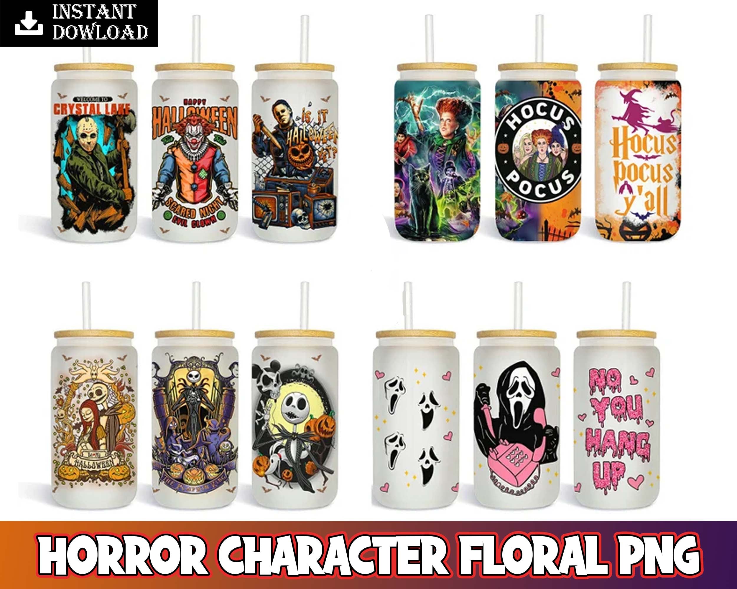 Horror characters floral PNG designs, 16oz Libbey glass can tumbler, Sublimation Designs for wraping
