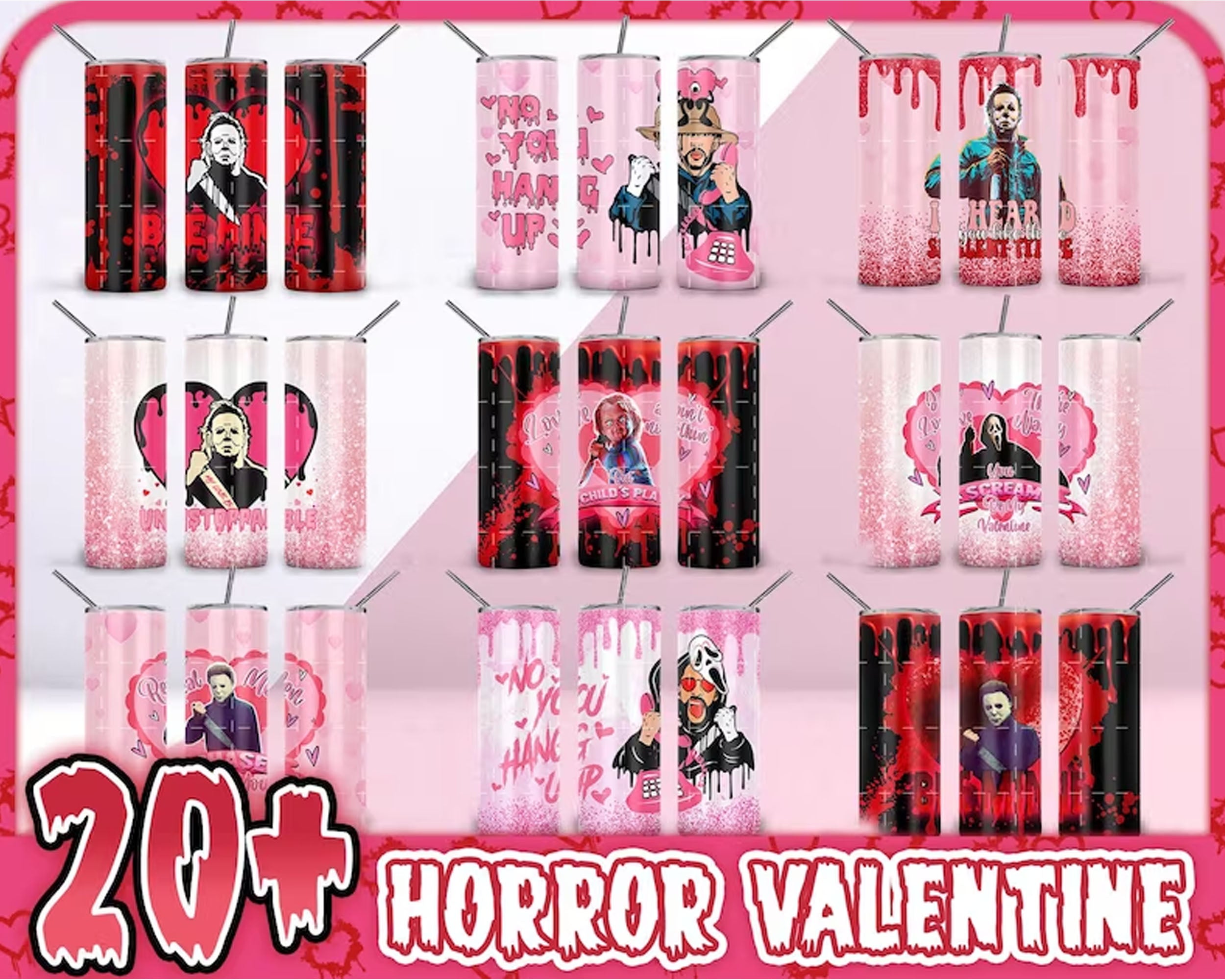 20+ Horror Valentine Tumbler Png Bundle, Valentine Ghost Face Png 20oz, Valentine Killer Movie Tumbler, 20 oz Skinny Tumbler Design