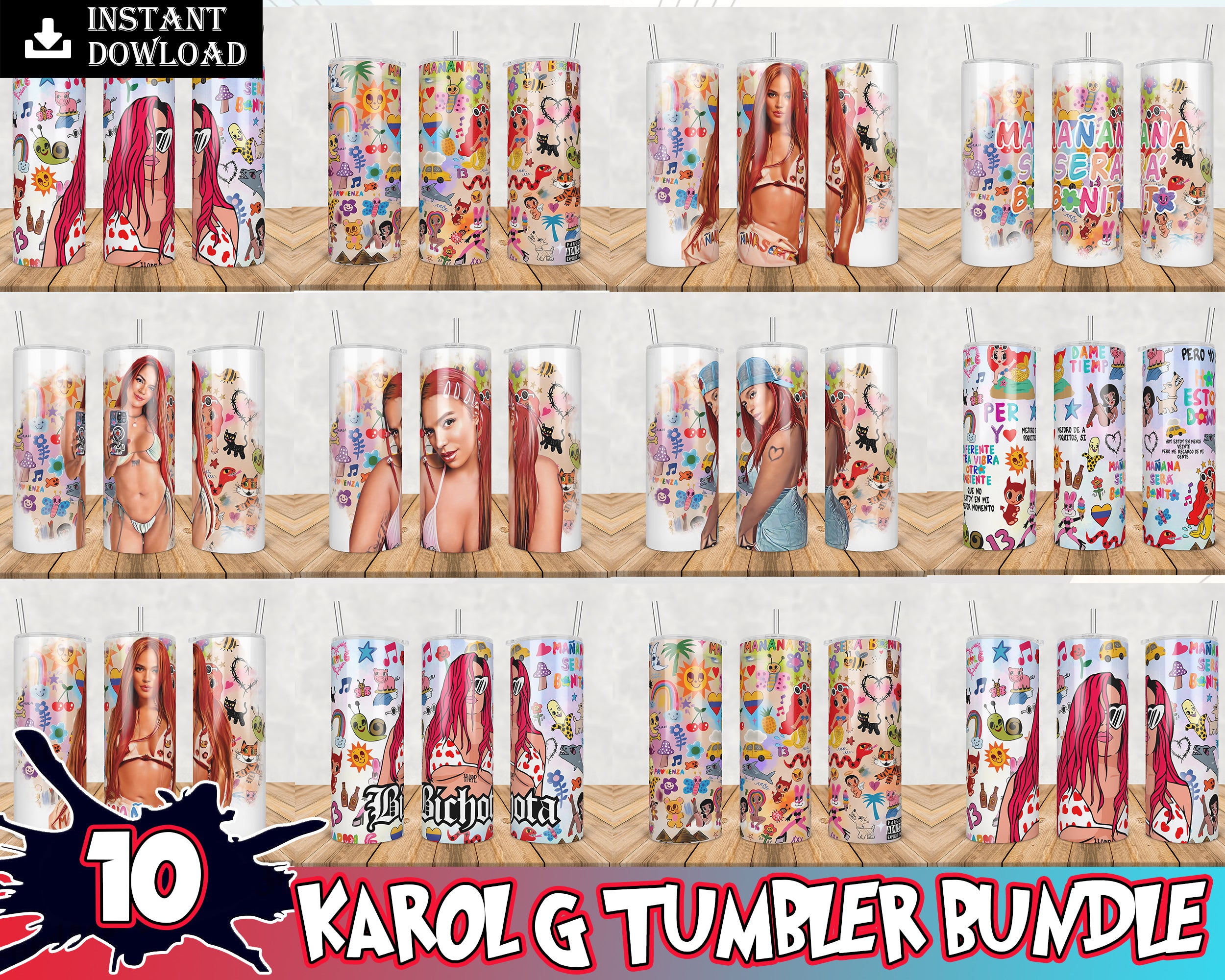 10 Karol New Album 20oz Tumbler Wrap PNG Bundle, Mañana Será Bonito 20oz Bundle, Tumbler Wrap Png