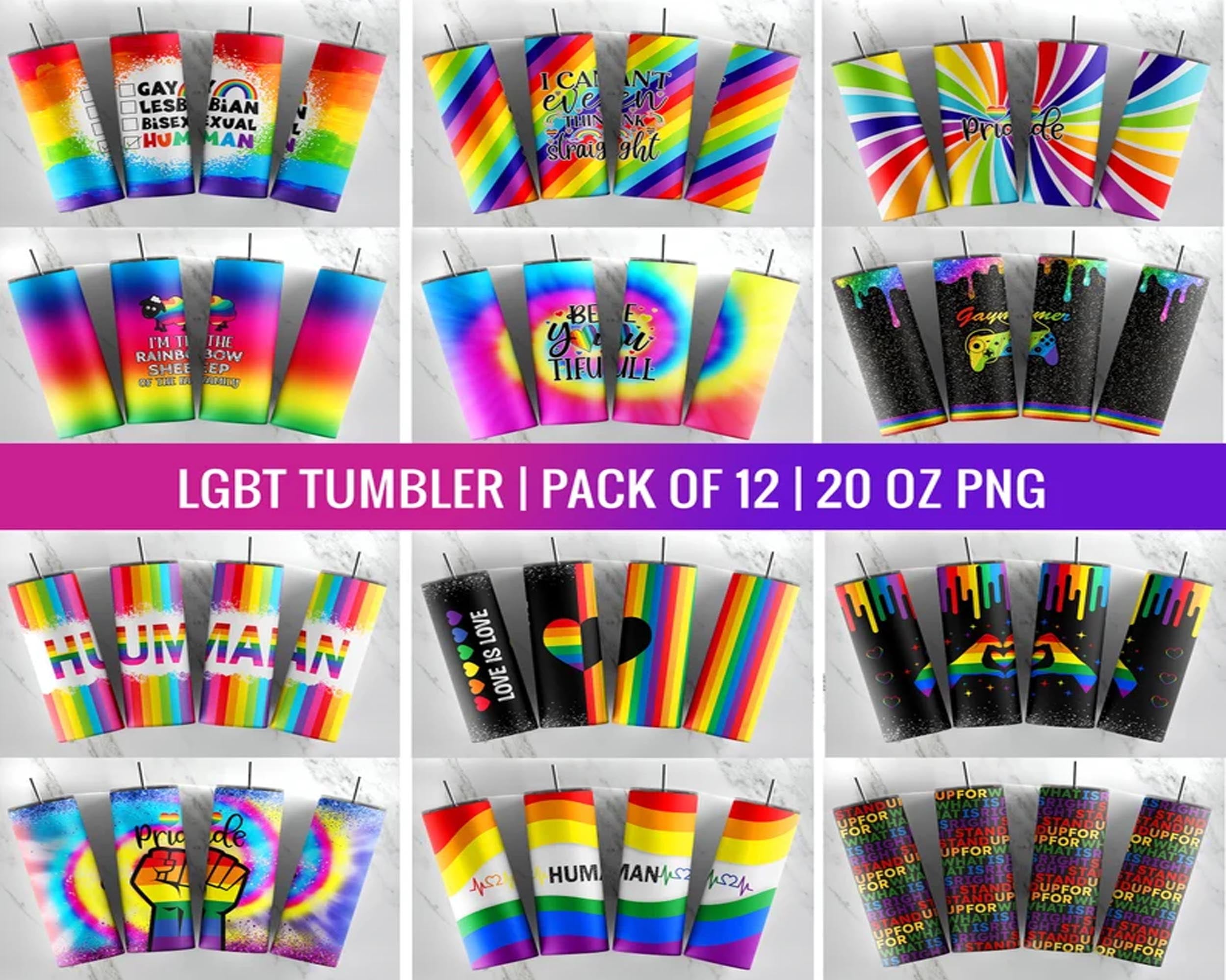 LGBT Pack OF 12 Tumbler Design | Sublimation Designs Downloads - Skinny 20oz tumbler PNG | Gay Pride Tumbler wrap design