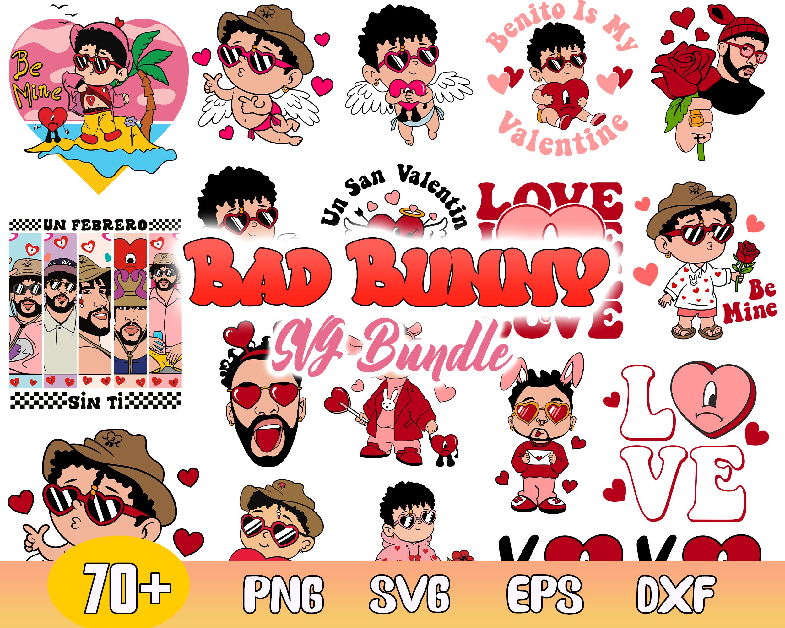 70+ Bad bunny Valentines bundle, Valentine SVG PNG, eps dxf Design - Digital Download