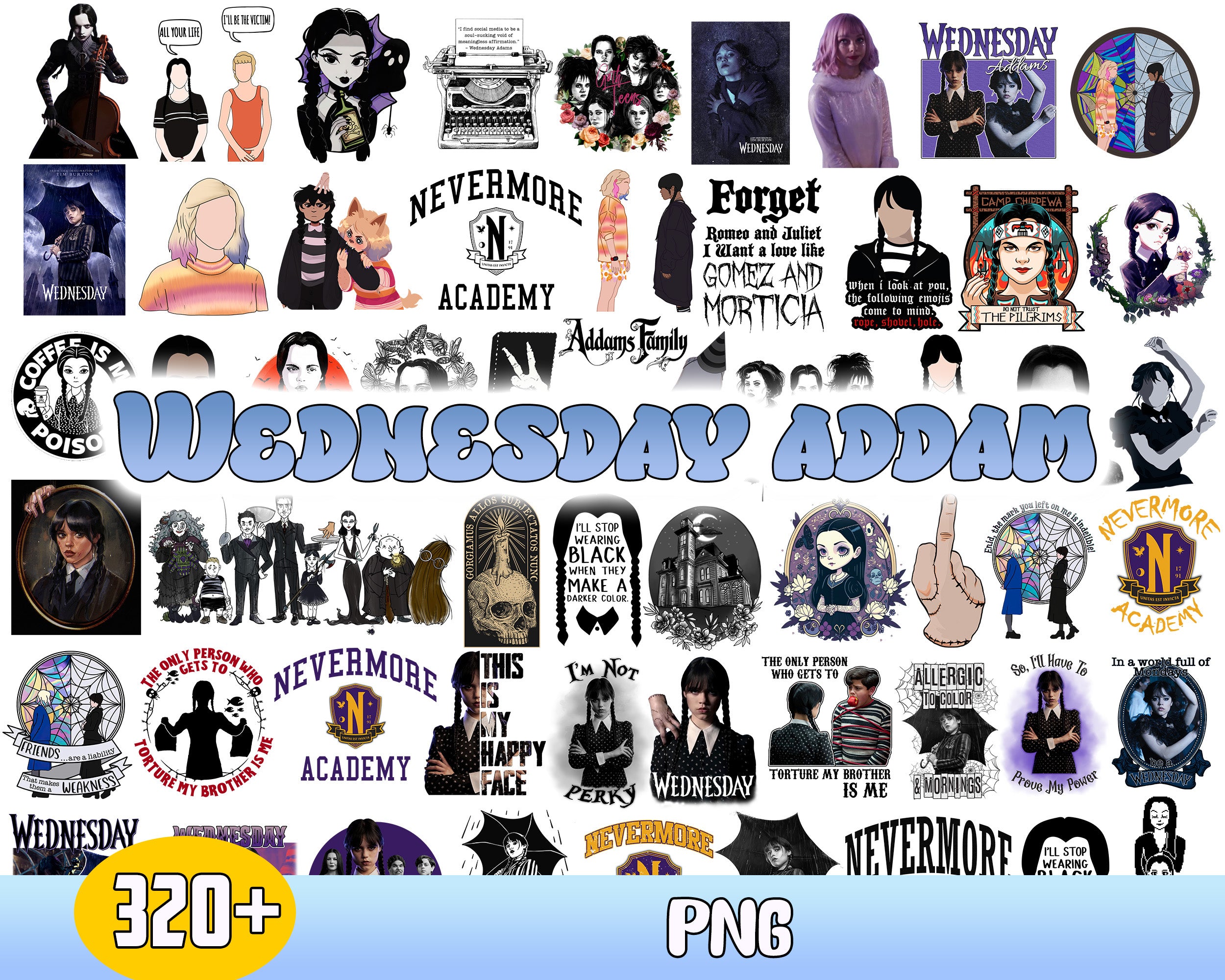 320+ Wednesday Addams PNG, Addams Family file, Netflix series bundle, Wednesday sublimation