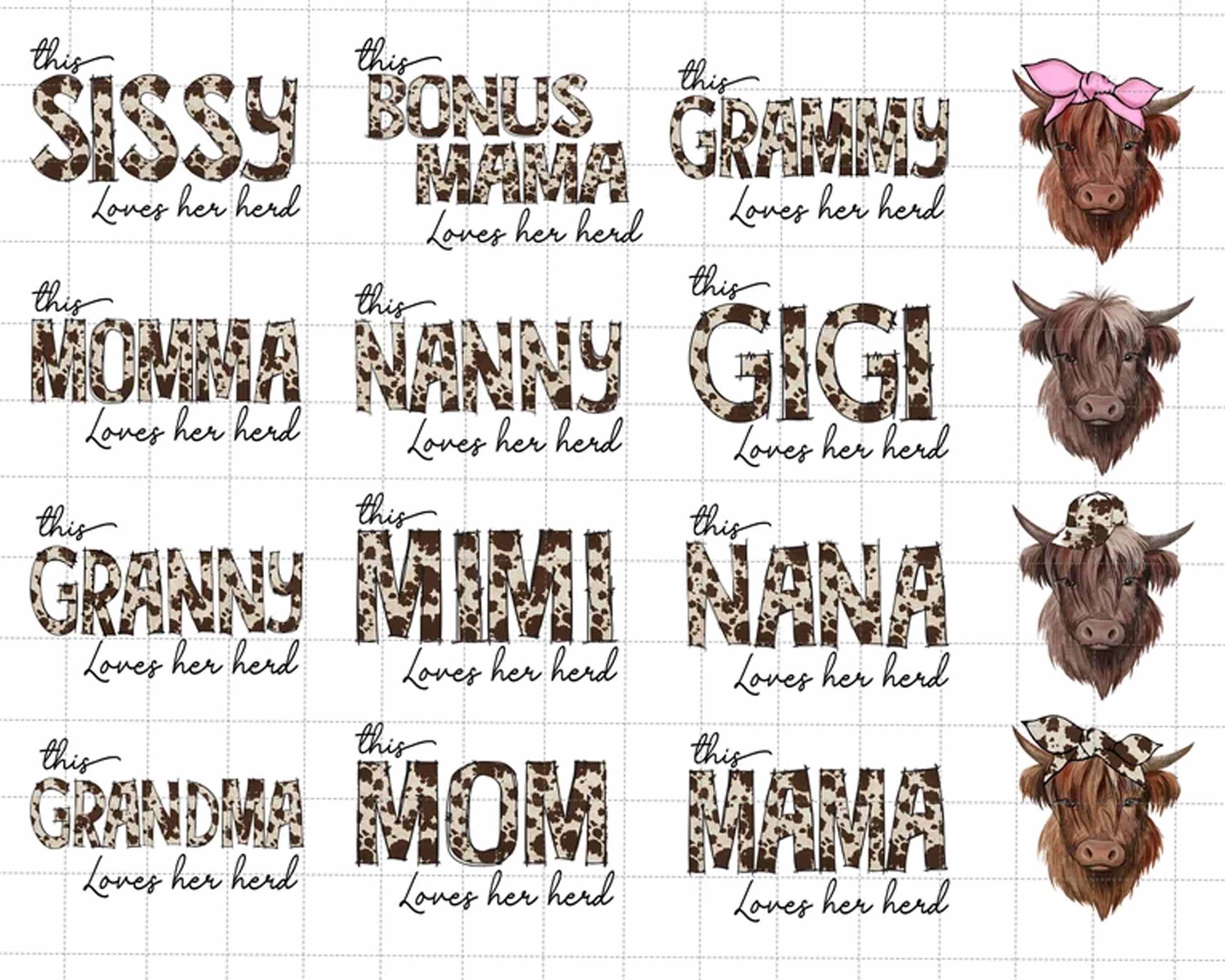 This Mama Loves Her Herd Png Bundle, Cowhide Mom Loves Her Cows Png, Valentine's Day Png, Mama Valentine, Cow Faces clipart