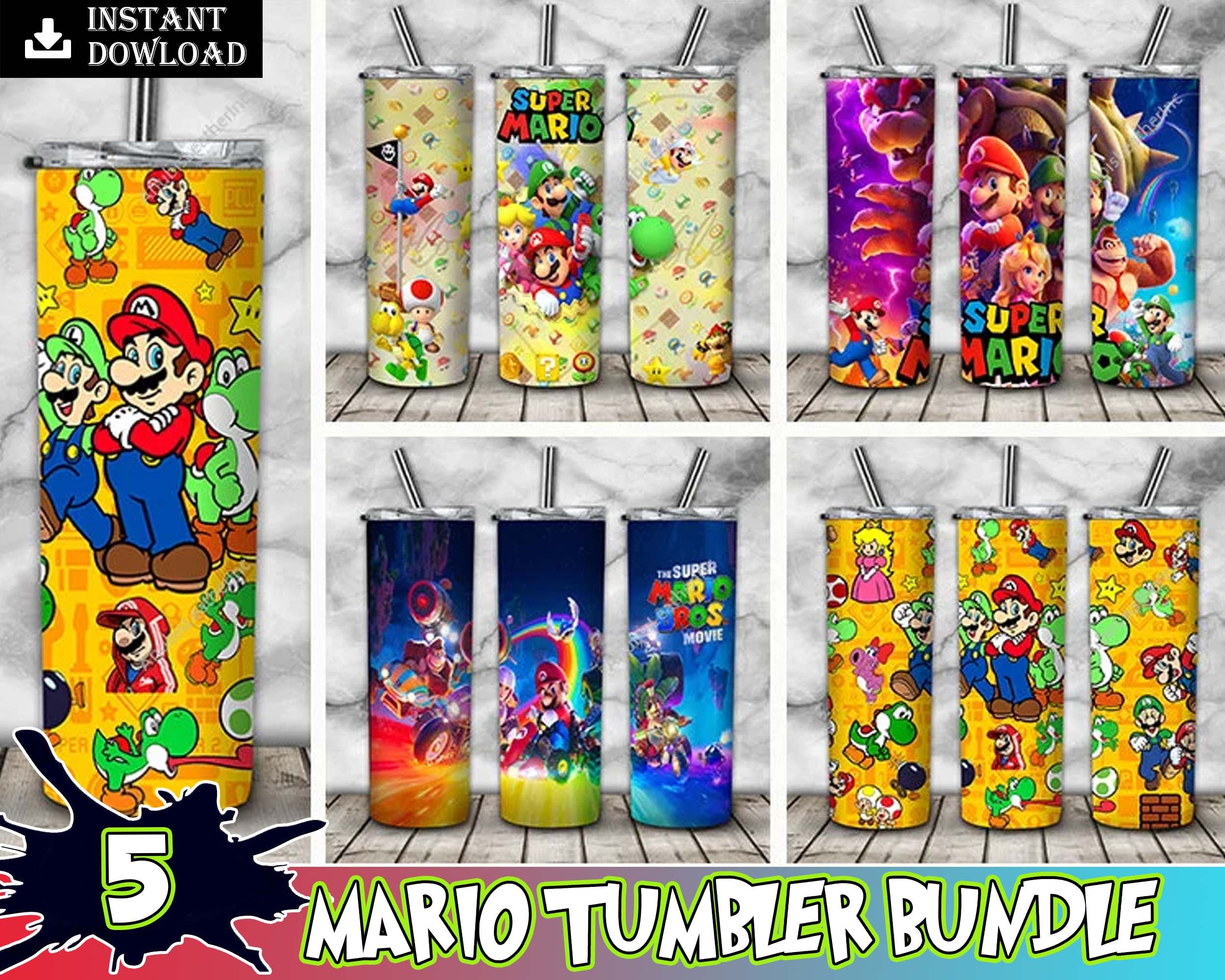 5 Super Mario Tumbler Design, 20oz Skinny Tumbler Design, Super Mario Cup, Super Mario Sublimation