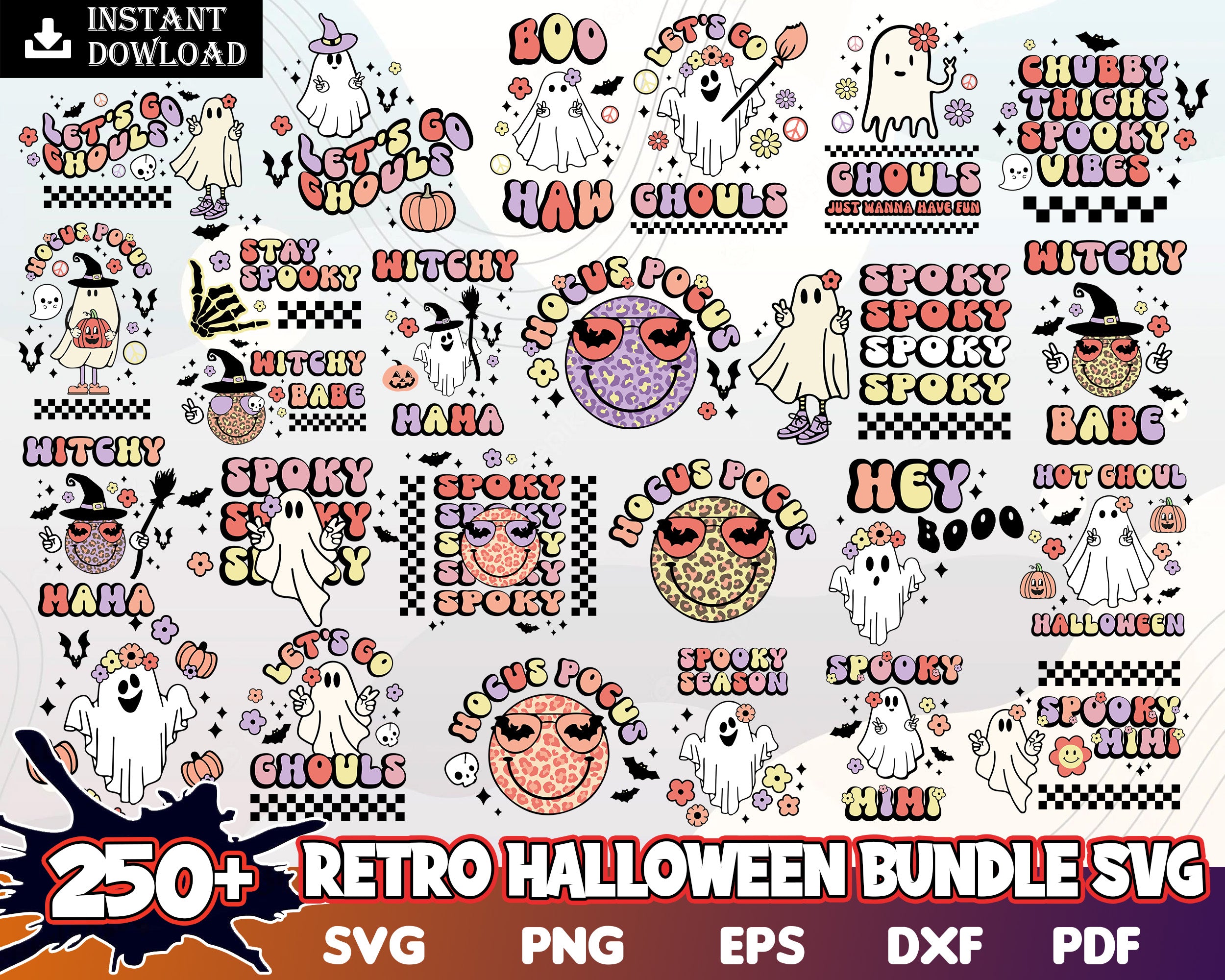 250+ RETRO HALLOWEEN SVG bundle, Horror halloween digital bundle, Designs bundle in 4 formats, Digital files
