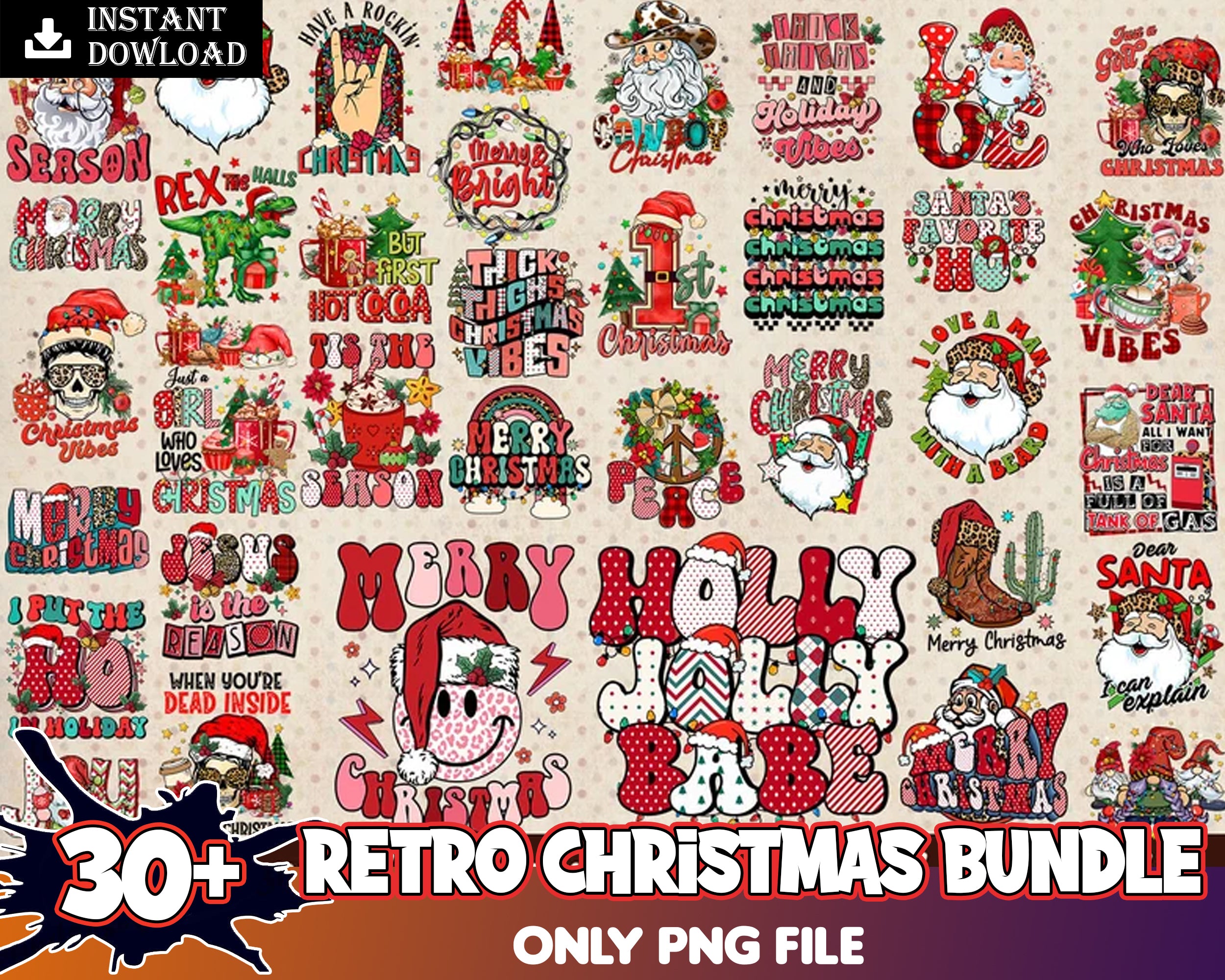 30+ Retro Christmas bundle, Christmas digital bundle, Designs bundle in PNG formats, Digital files