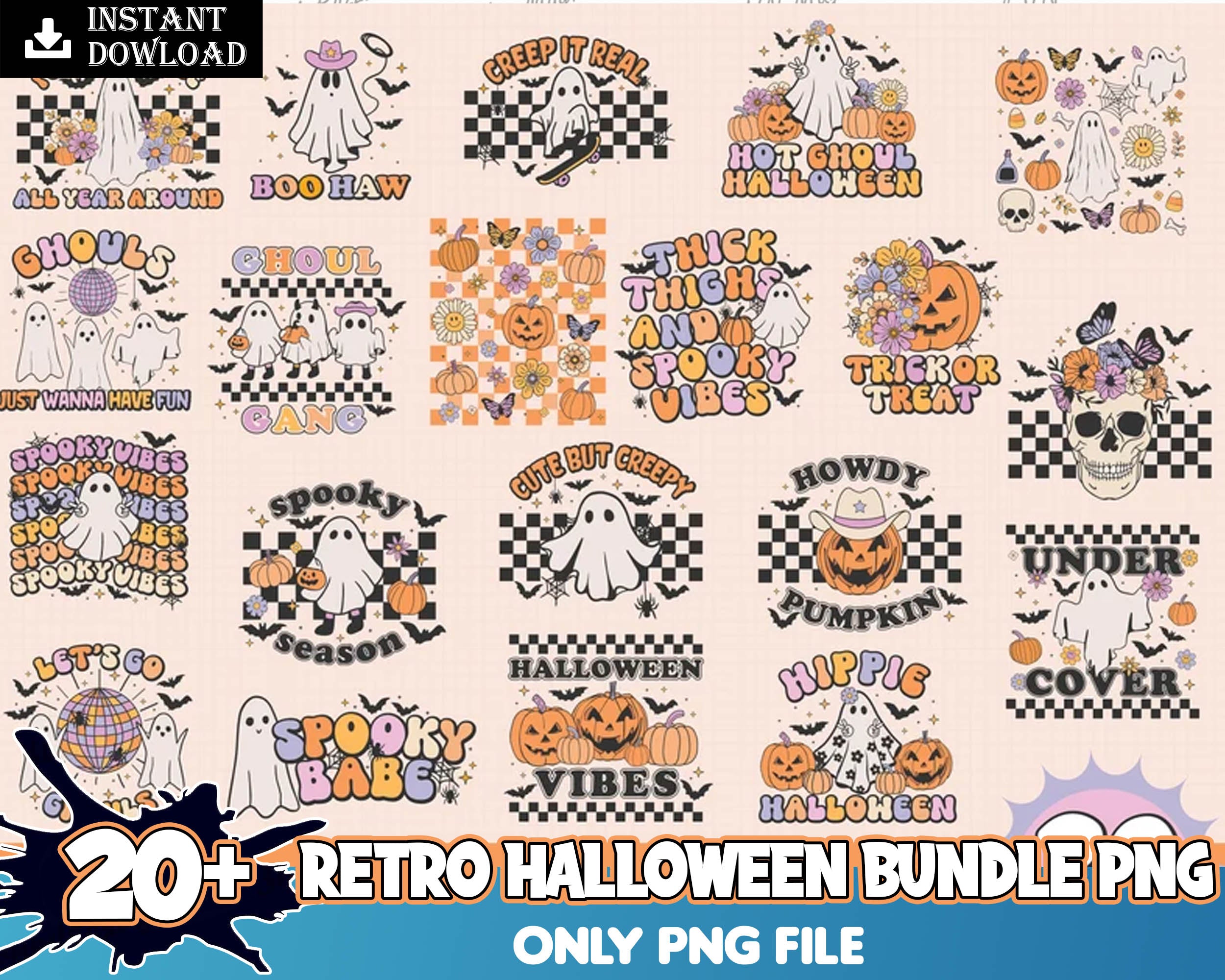 20+ Retro Halloween PNG bundle, Spooky Season Vibes, Ghost Fall Autumn, Png designs for cricut, Digital download.