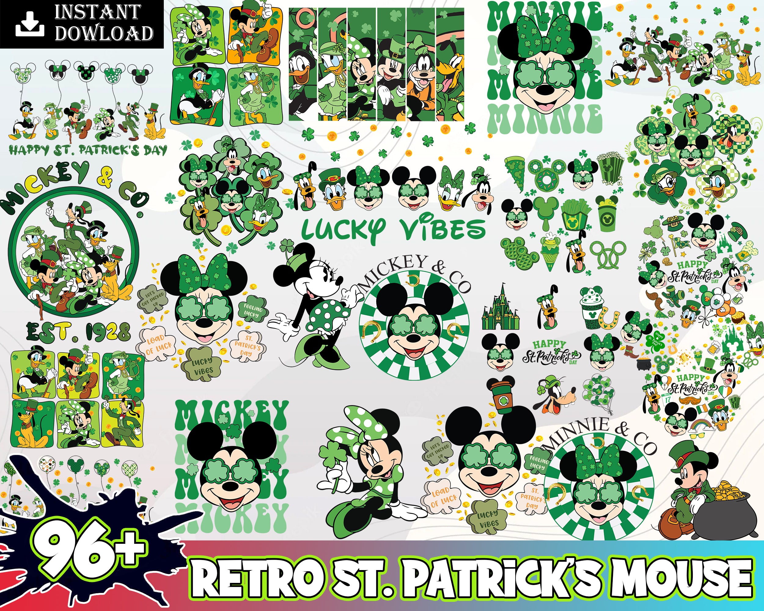96+Retro St. Patrick's Mouse SVG PNG Bundle, Magical St. Patricks Day Png, Retro Mouse Svg, Mouse and Friends , Digital Download