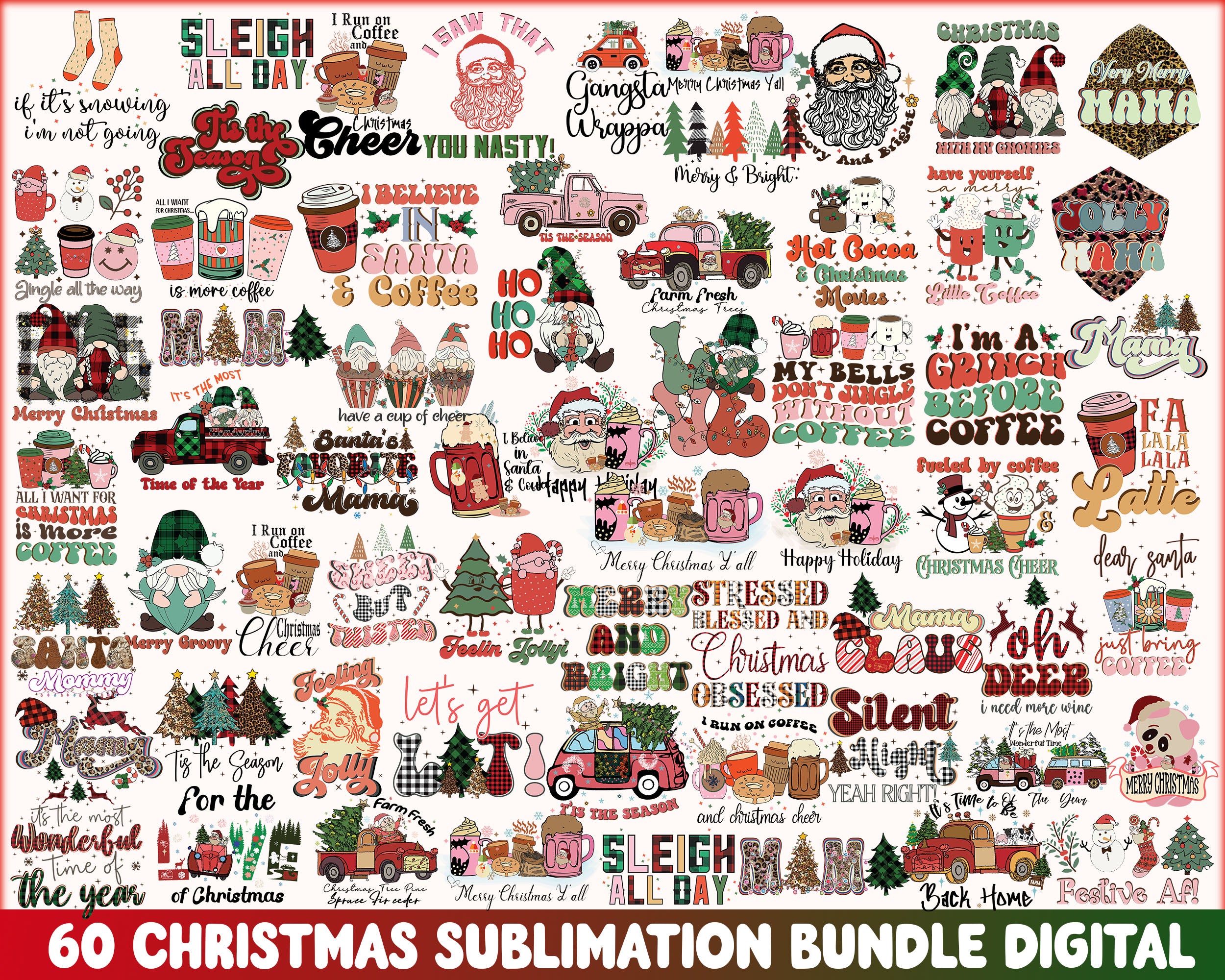60 Retro Christmas sublimation, Christmas PNG bundle, Christmas digital bundle, Designs bundle, Digital files, CRM02112204